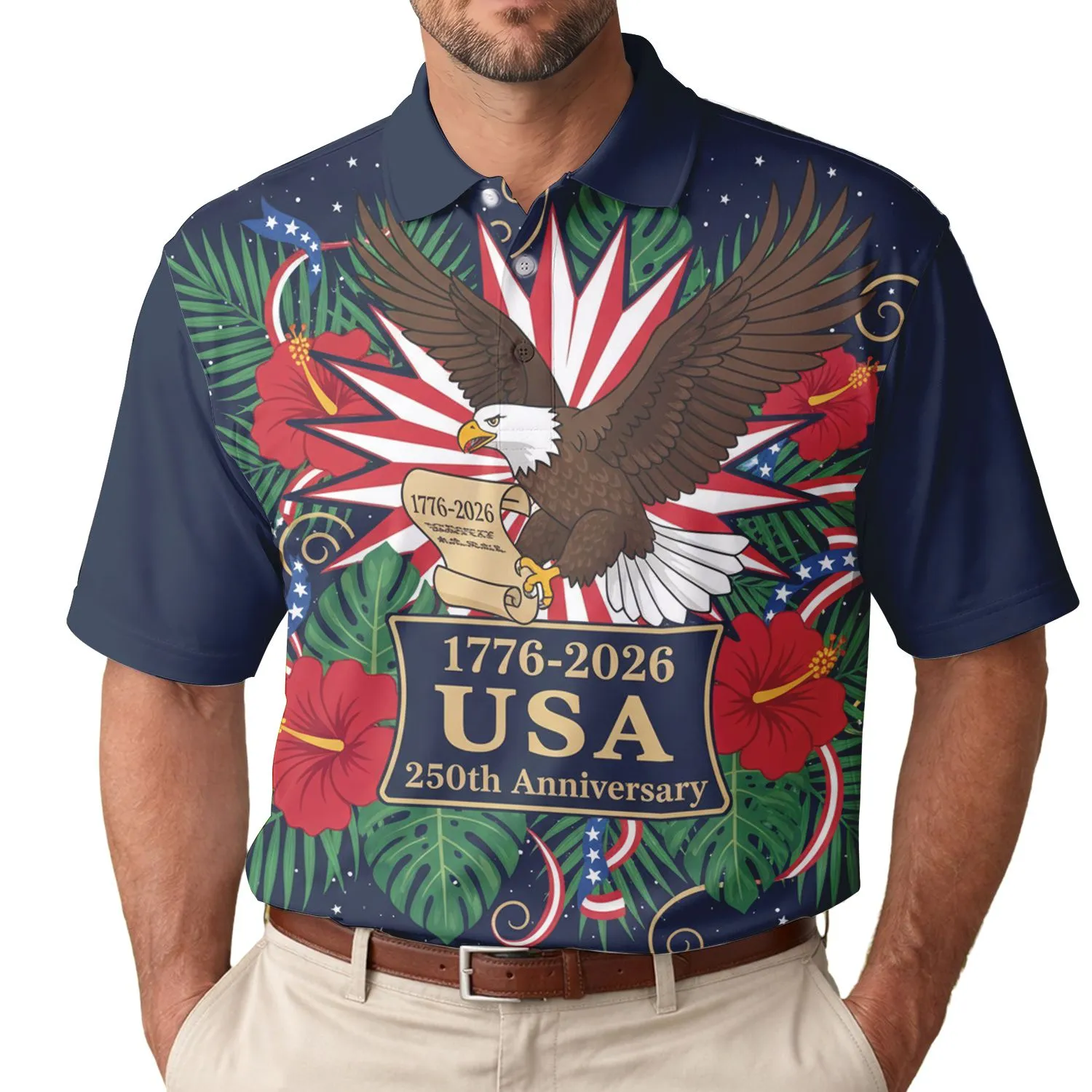 America 250th Bald Eagle Tropical Patriotic Hibiscus 1776-2026 Stars & Ribbons Men's Polo Shirt (Lightweight) - 1