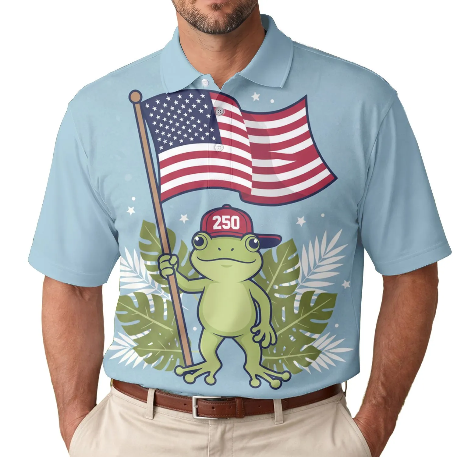 America's 250th Anniversary Frog In Red Cap US Flag Tropical Leaves Blue Jean Men's Polo Shirt (Lightweight) - 1