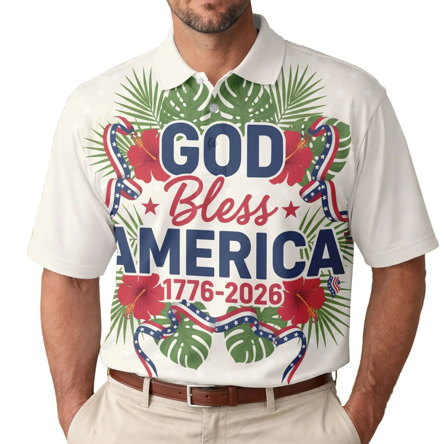 USA 250th: GOD Bless AMERICA 1776-2026 Navy Crimson Hibiscus Palm Design Men's Polo Shirt (Lightweight) - 1