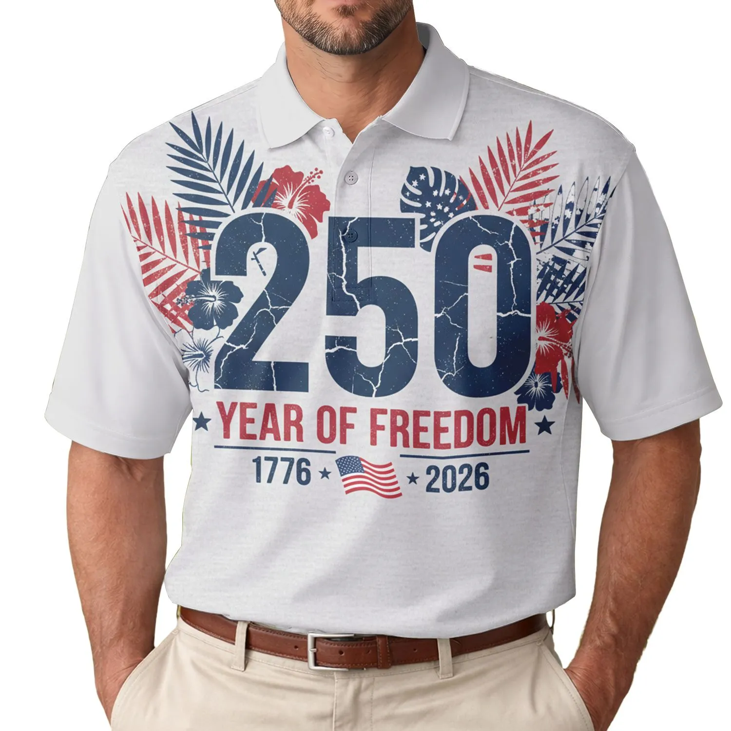 America's 250th Semiquincentennial 1776-2026 Patriotic Distressed Tropical Freedom Men's Polo Shirt (Lightweight) - 1