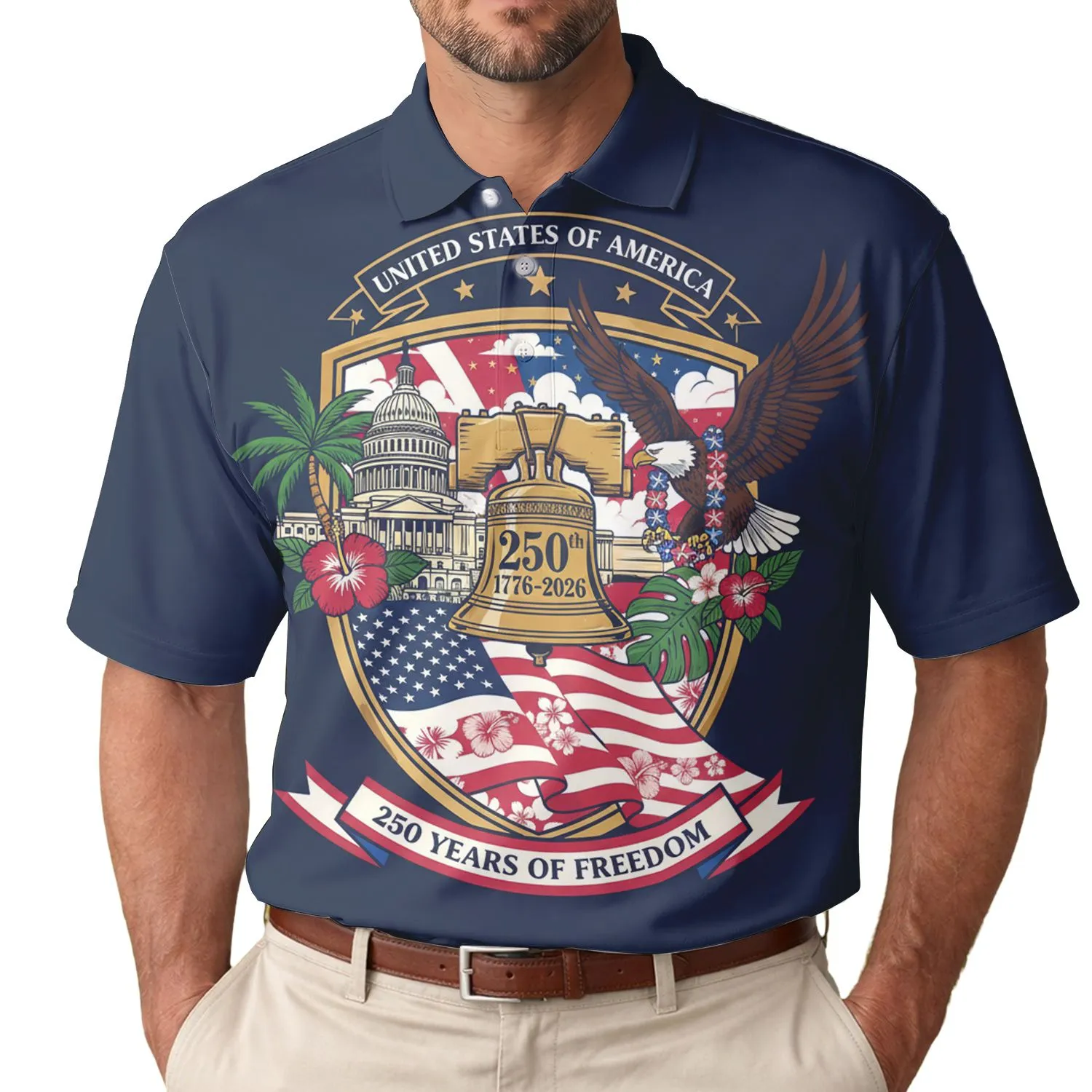 Patriotic 250th Anniversary USA Freedom Liberty Bell Capitol Eagle Flag Shield Men's Polo Shirt (Lightweight) - 1