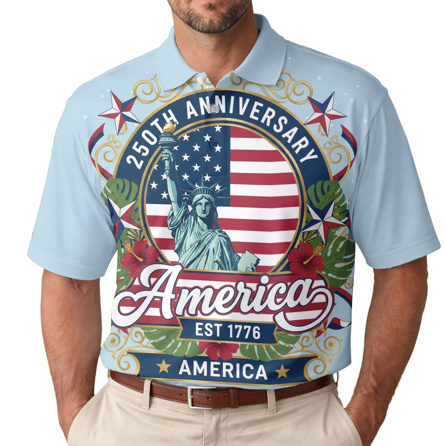 America 250th Anniversary Lady Liberty Torch 1776 Emblem Stars Stripes Men's Polo Shirt (Lightweight) - 1