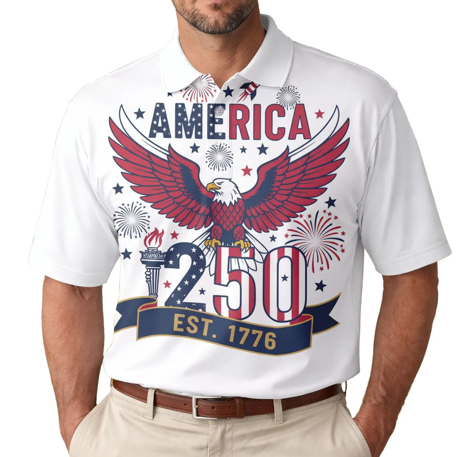 American Patriot 250th Anniversary Eagle Liberty Est. 1776 RWB Hawaii Tribute Men's Polo Shirt (Lightweight) - 1