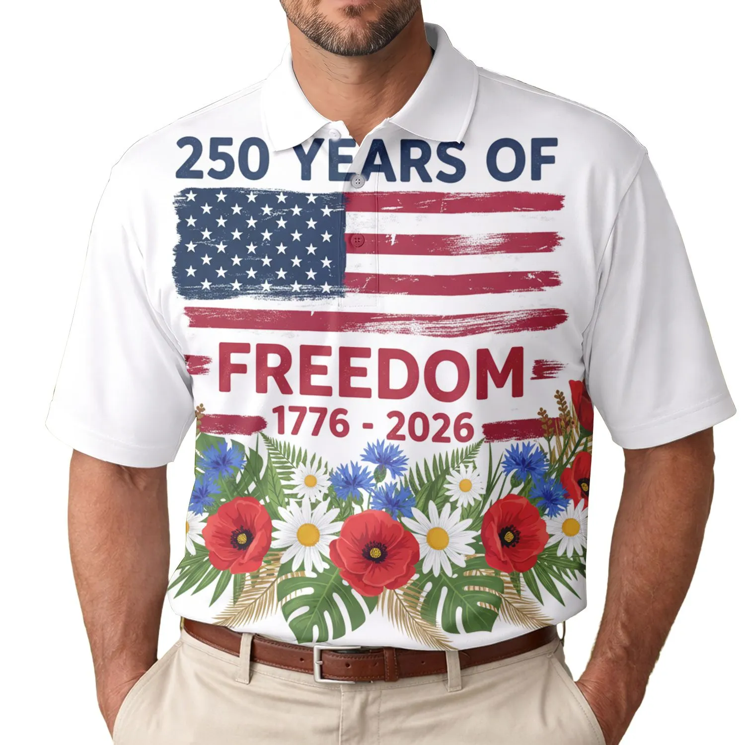 America 250th Anniversary Freedom Flag 1776-2026 Patriotic Tropical Wildflower Men's Polo Shirt (Lightweight) - 1