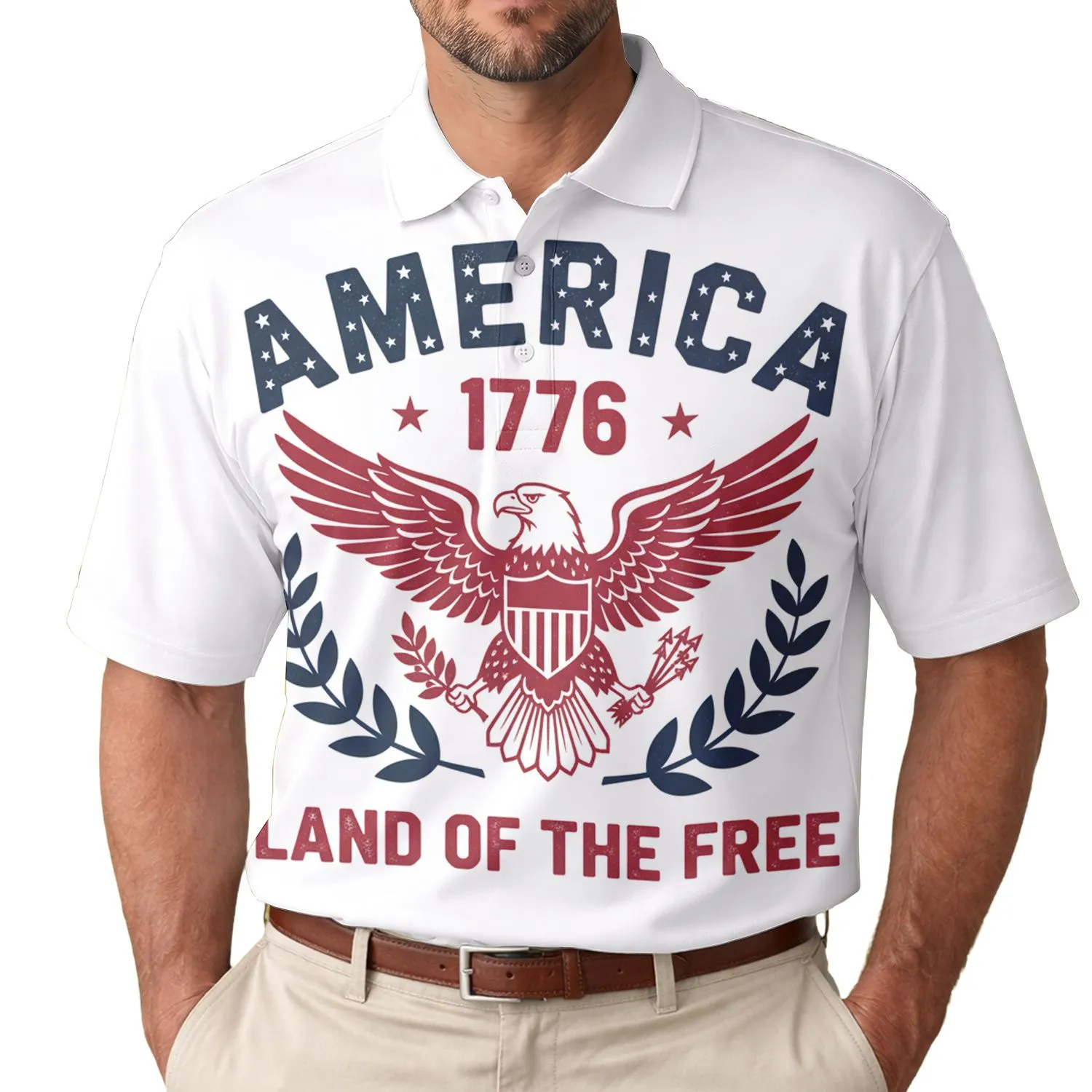 America 250th: 1776 Distressed Eagle Shield, Land Of The Free Laurel Design Men's Polo Shirt (Lightweight) - 1