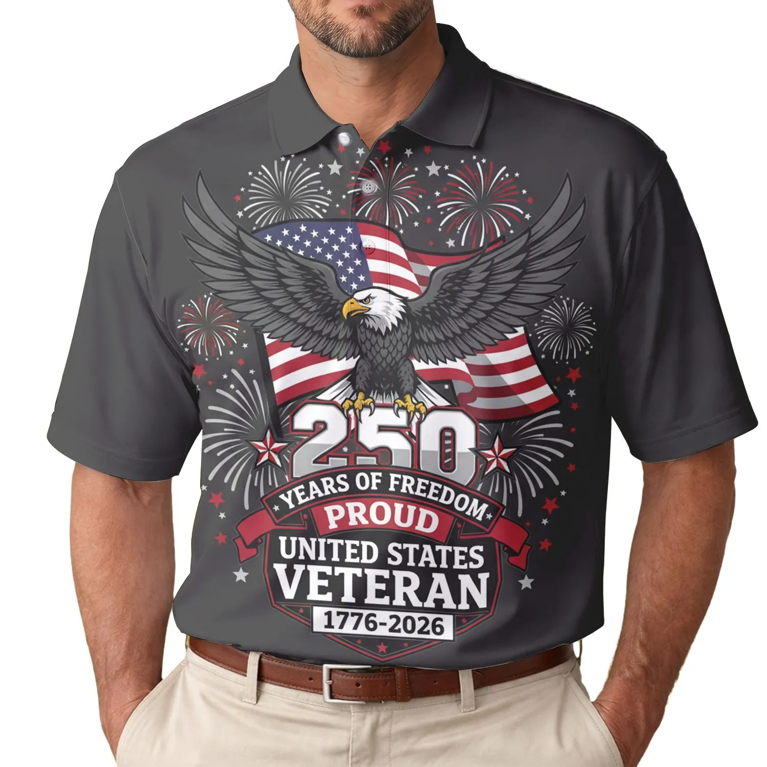 United States Veteran America 250th Anniversary Eagle Flag Freedom Commemoration Men's Polo Shirt (Lightweight) - 1