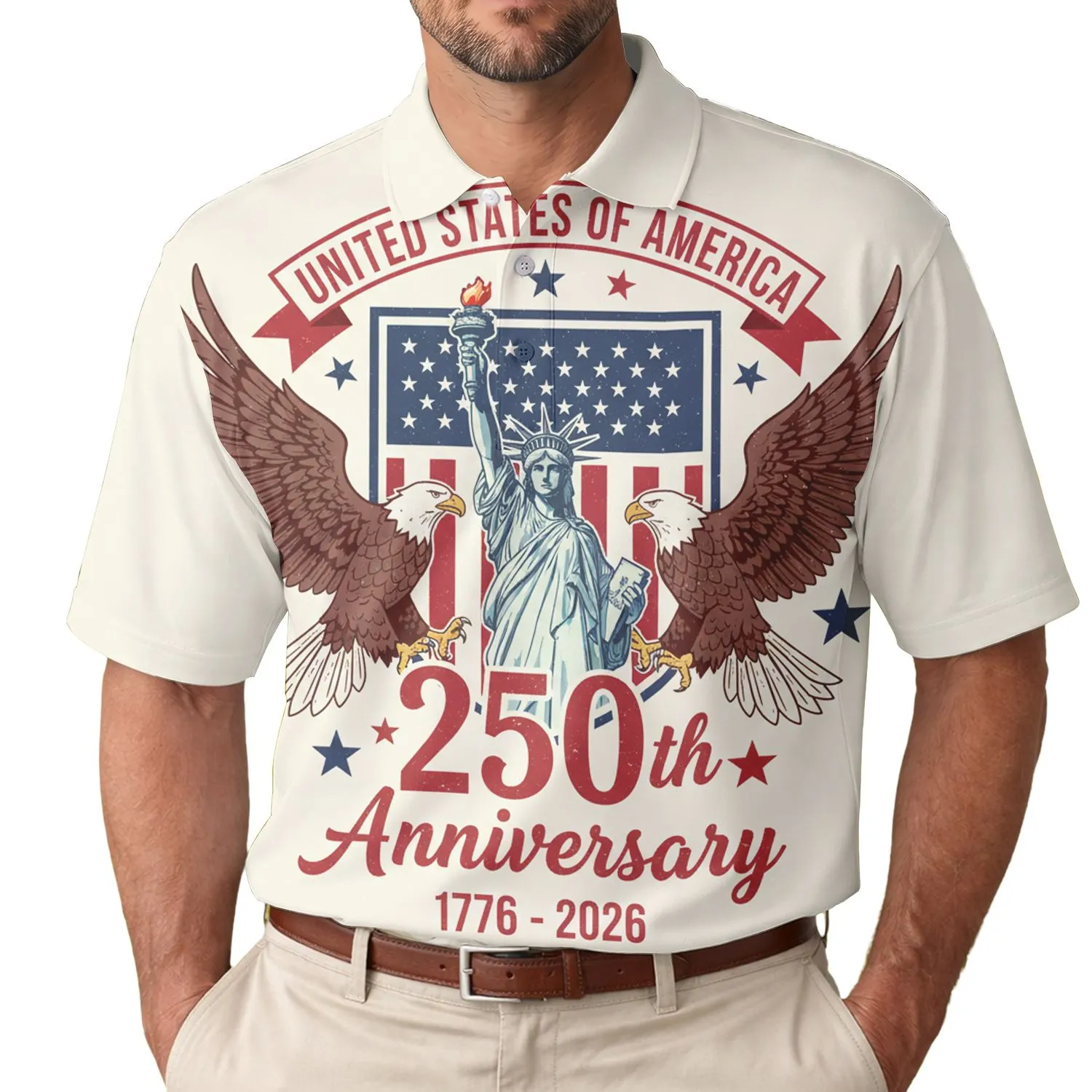 America 250th Anniversary Liberty Eagle Shield 1776 Distressed Patriotic Stars Men's Polo Shirt (Lightweight) - 1