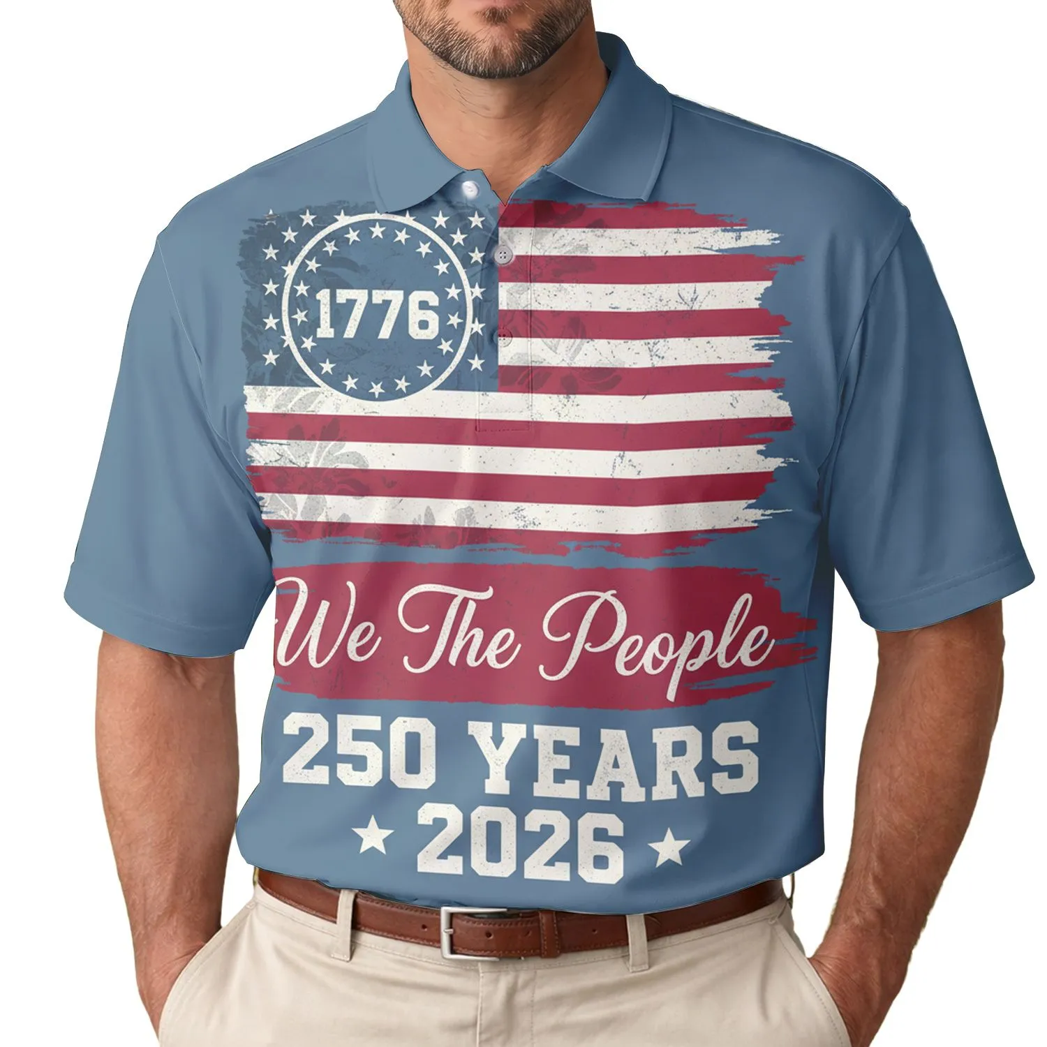 America 250th Flag: 'We The People' 1776, 13 Stars Distressed Tropical Americana 2026 Men's Polo Shirt (Lightweight) - 1