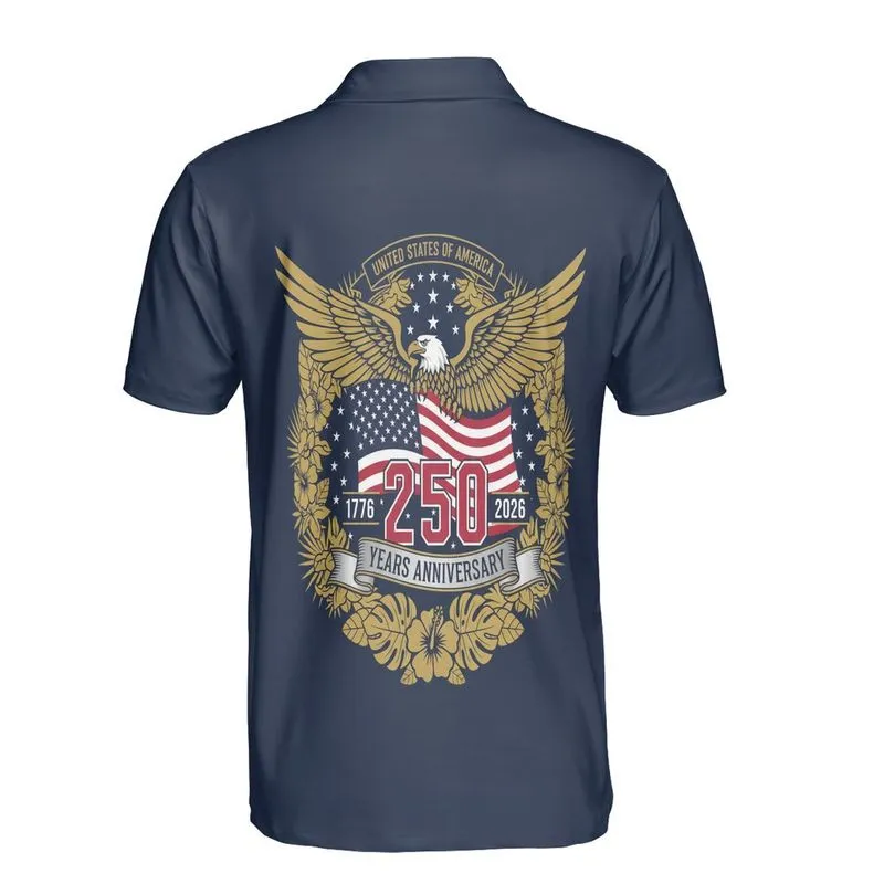 USA 250th Anniversary Bald Eagle Flag 1776-2026 Golden Laurel Emblem Men's Polo Shirt (Lightweight) - 1