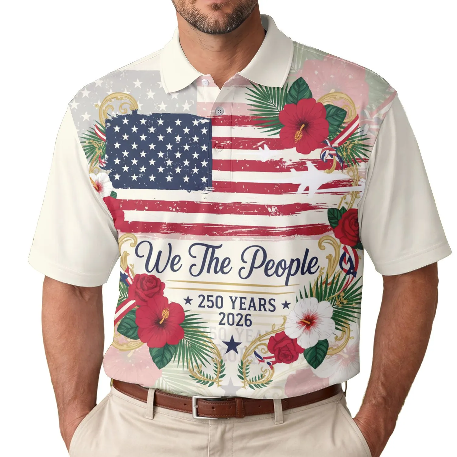 America 250th Birthday Distressed Flag, We The People 2026, Jet Planes, Tropical Gold Scroll Men's Polo Shirt (Lightweight) - 1