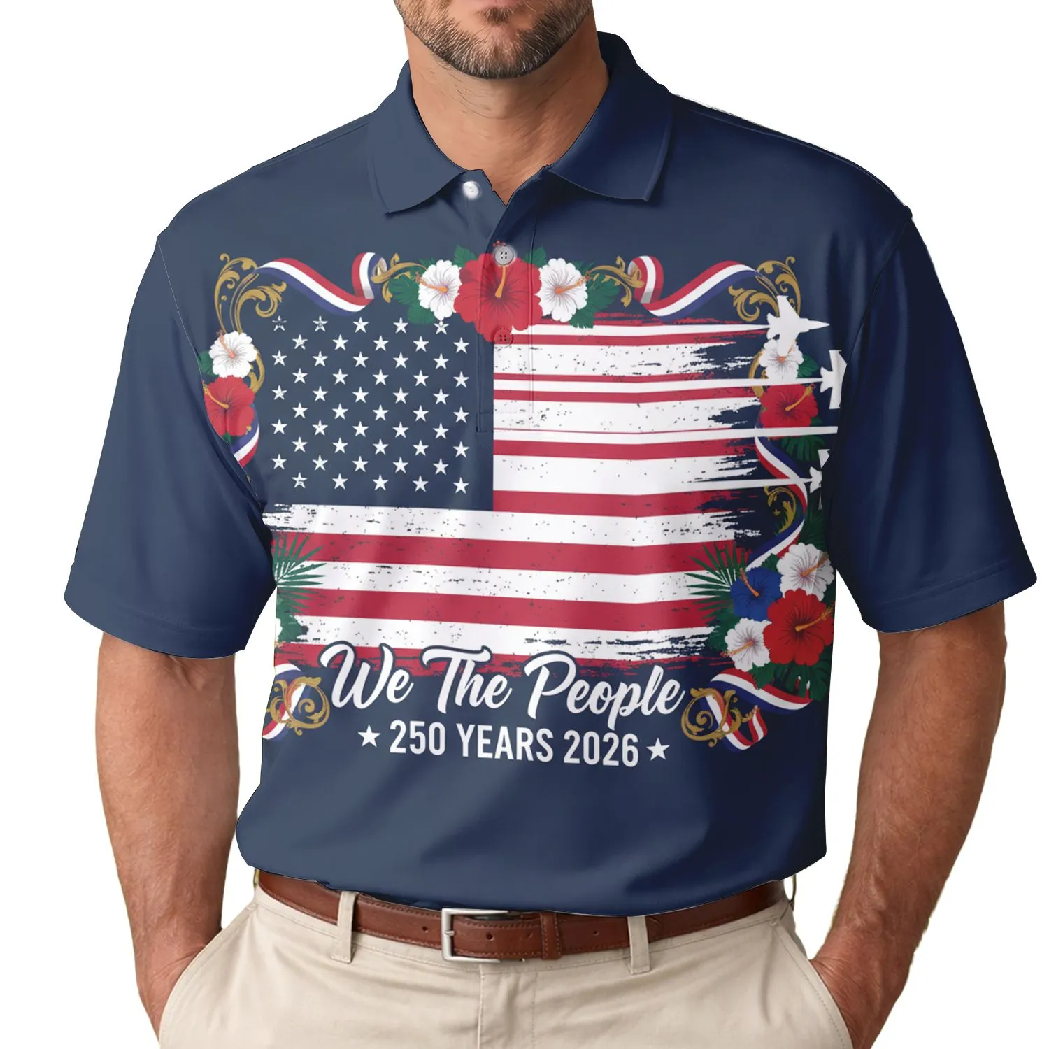 America 250th Anniversary Patriotic Polo Flag Jets We The People Hibiscus Scrollwork Men's Polo Shirt (Lightweight) - 1