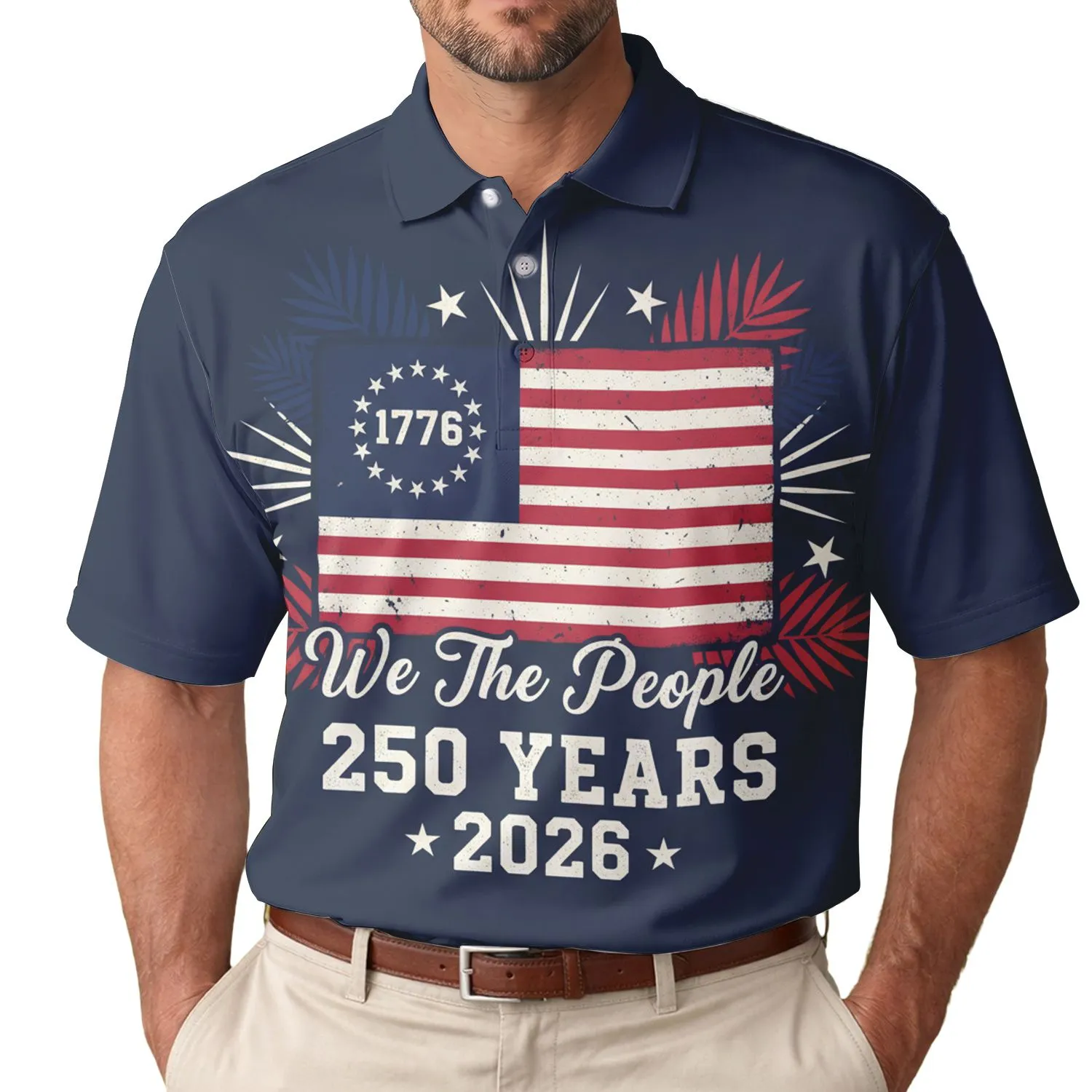 America 250th: We The People 1776 Distressed Flag Tropical Starburst Patriot Men's Polo Shirt (Lightweight) - 1