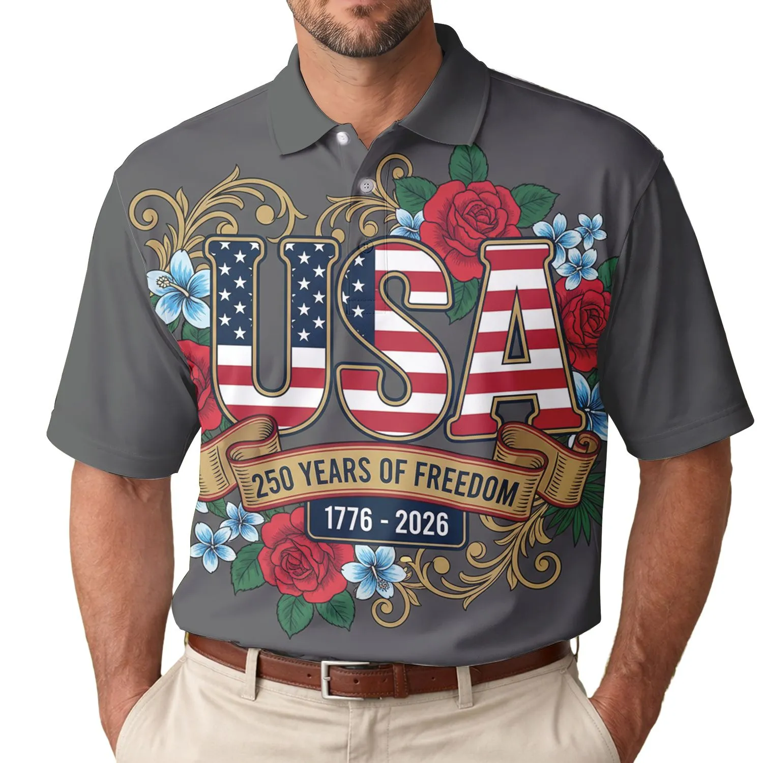 America 250th Anniversary USA Flag Scroll 1776 Freedom Crimson Gold Floral Men's Polo Shirt (Lightweight) - 1