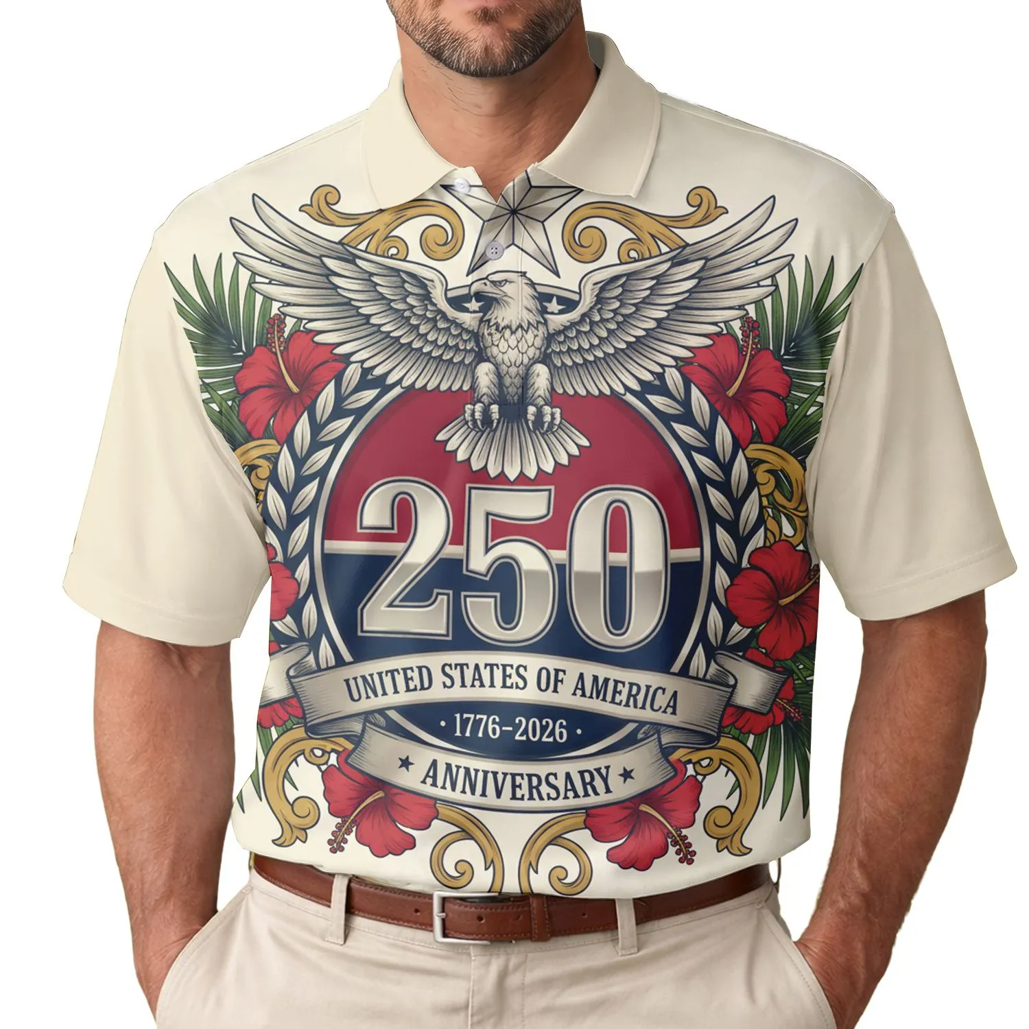 America's 250th Birthday Silver Eagle Emblem 1776-2026 - Patriotic Polo Tropical Men's Polo Shirt (Lightweight) - 1