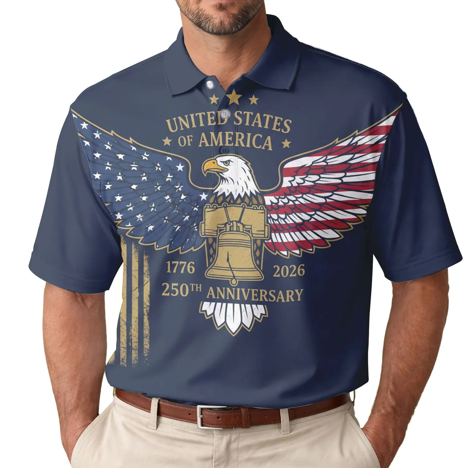 USA 250th Anniversary Patriotic Bald Eagle Liberty Bell Stars Stripes 1776 2026 Men's Polo Shirt (Lightweight) - 1