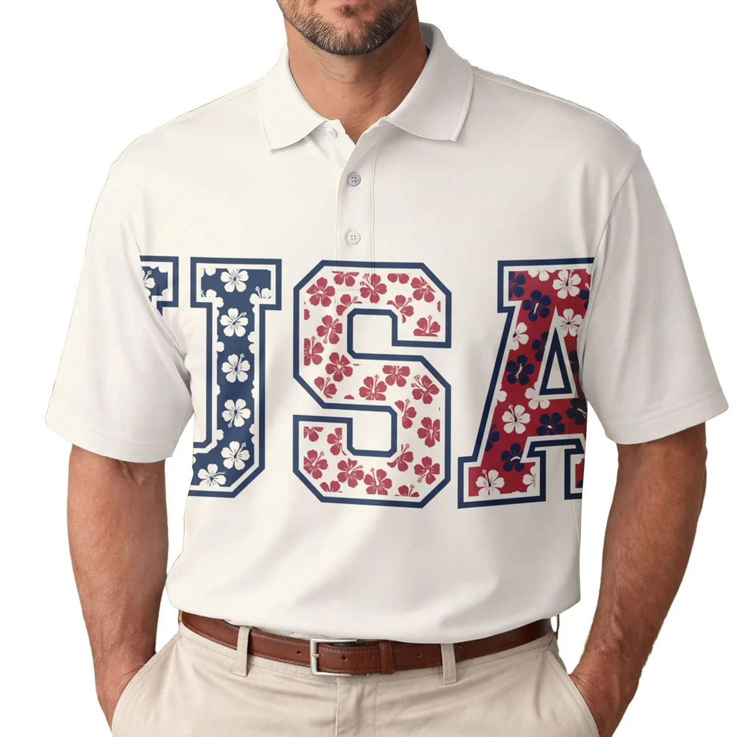 USA 250th Anniversary Est 1776 Patriotic Collegiate Floral Navy Red Art Men's Polo Shirt (Lightweight) - 1