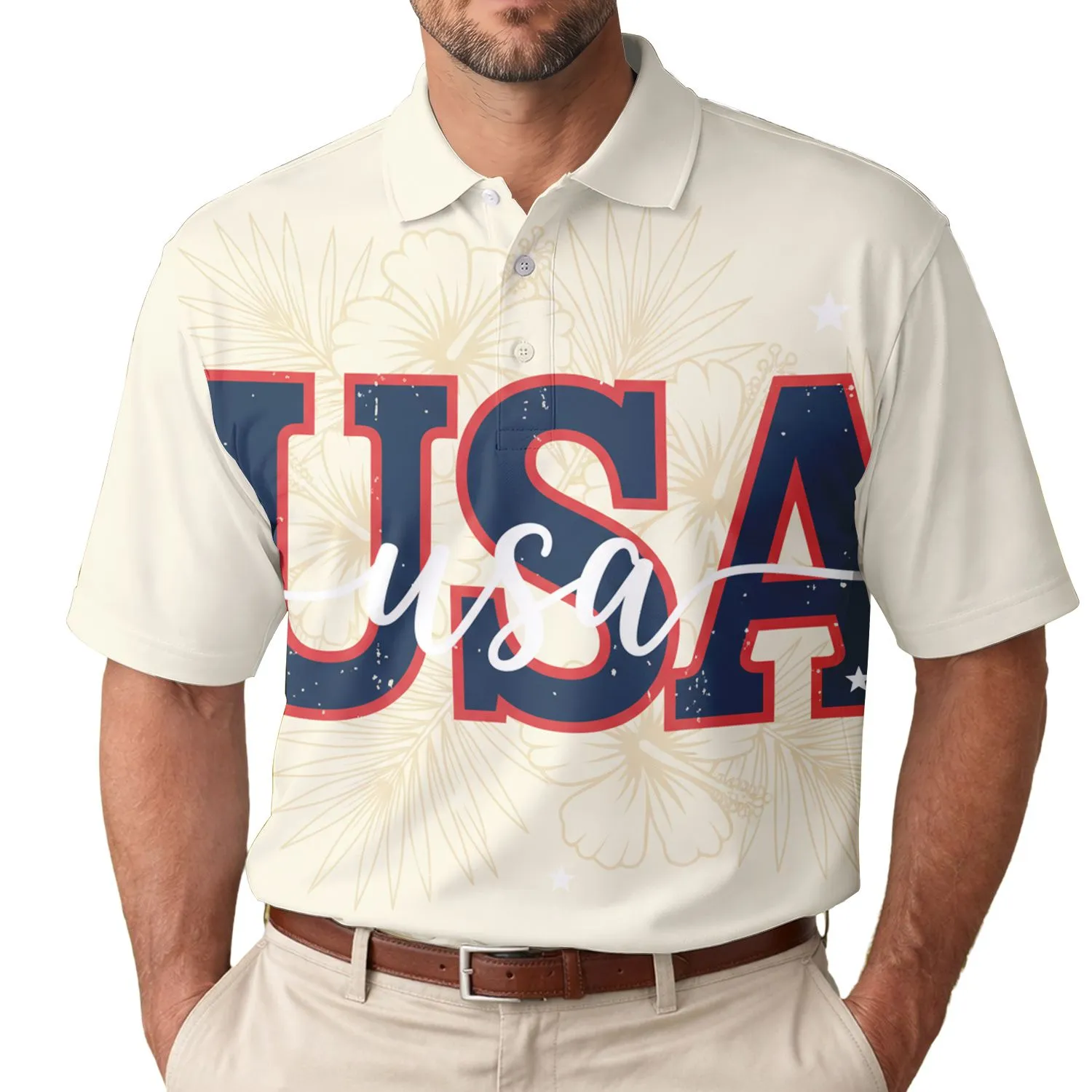 America 250th Anniversary USA Block Script Letters Hibiscus Palm Stars Men's Polo Shirt (Lightweight) - 1