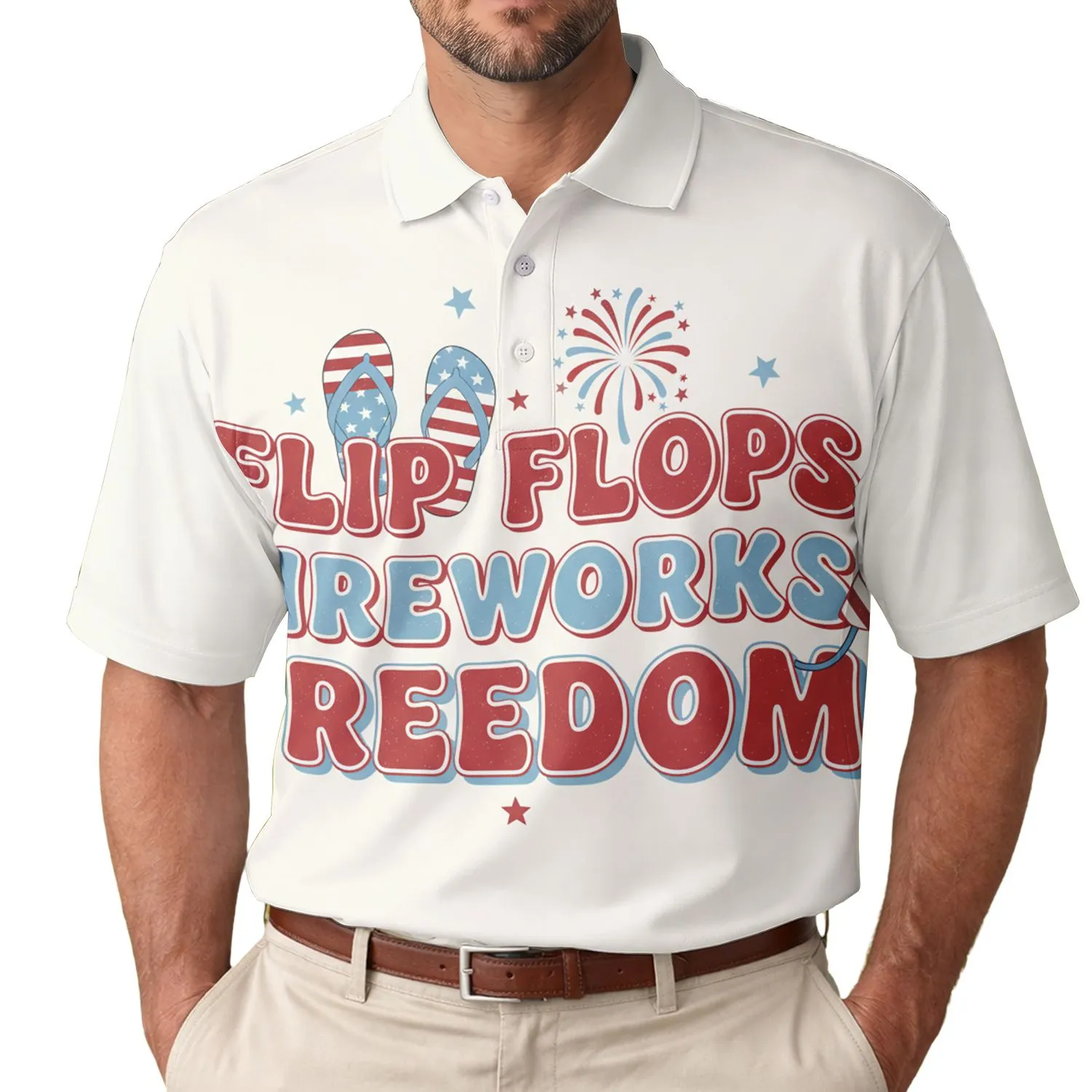 America 250th Birthday: Flip Flops Fireworks Freedom Typography Red White Blue Stars Men's Polo Shirt (Lightweight) - 1