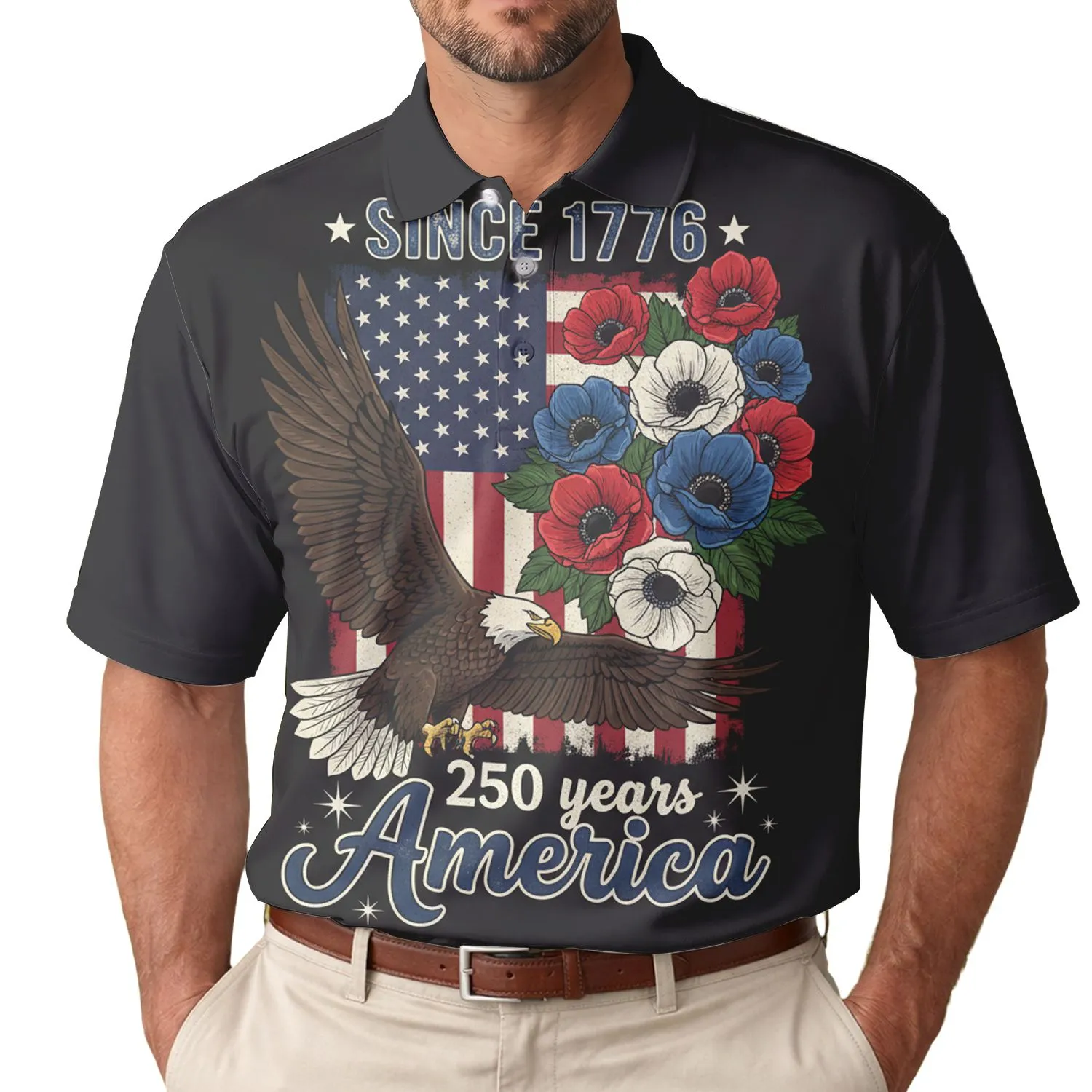 America 250th Distressed Flag Eagle Tropical Floral Patriotic 1776 Men's Polo Shirt (Lightweight) - 1