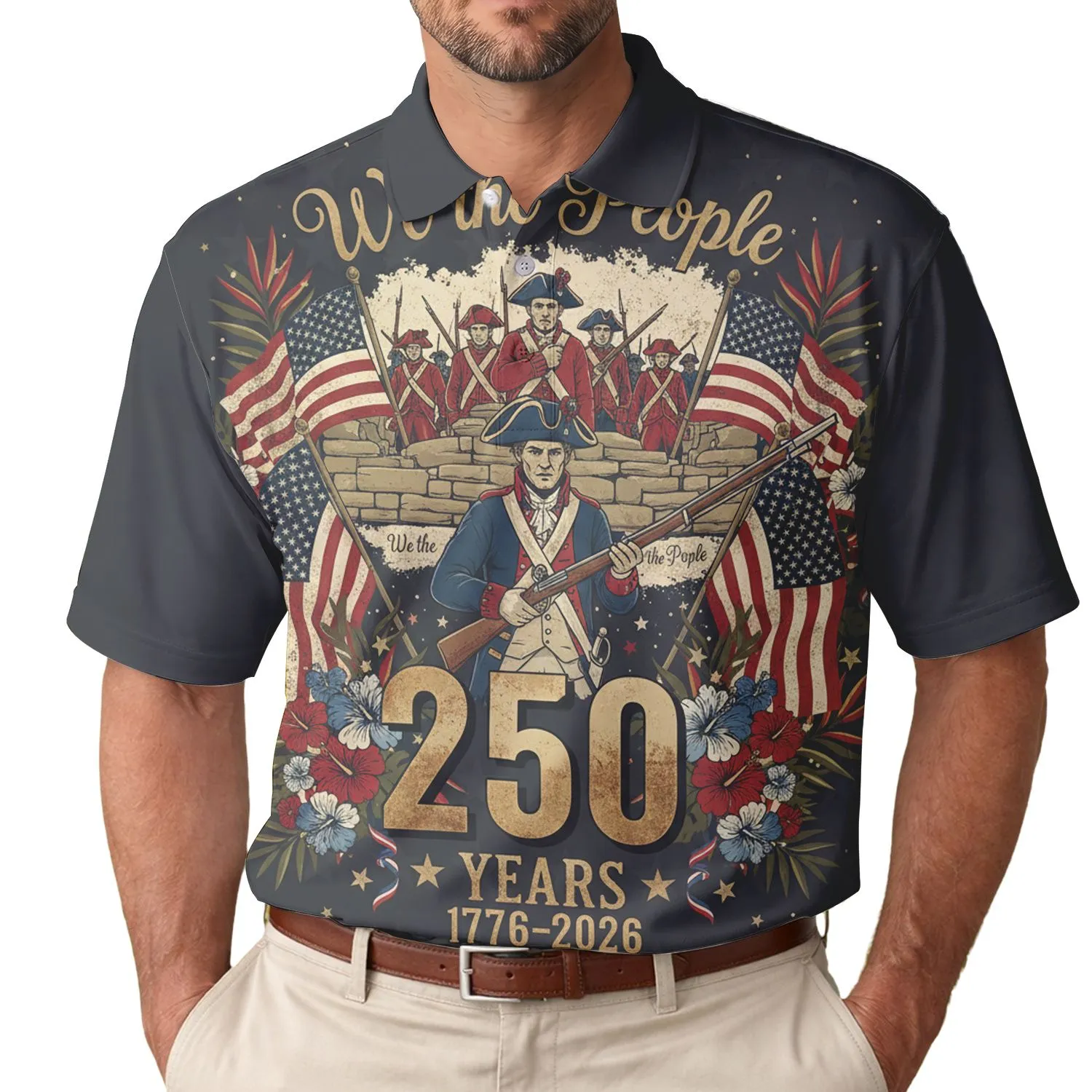 America 250th We The People 1776 Soldiers Polo Hibiscus Gold Scrollwork Patriot Men's Polo Shirt (Lightweight) - 1