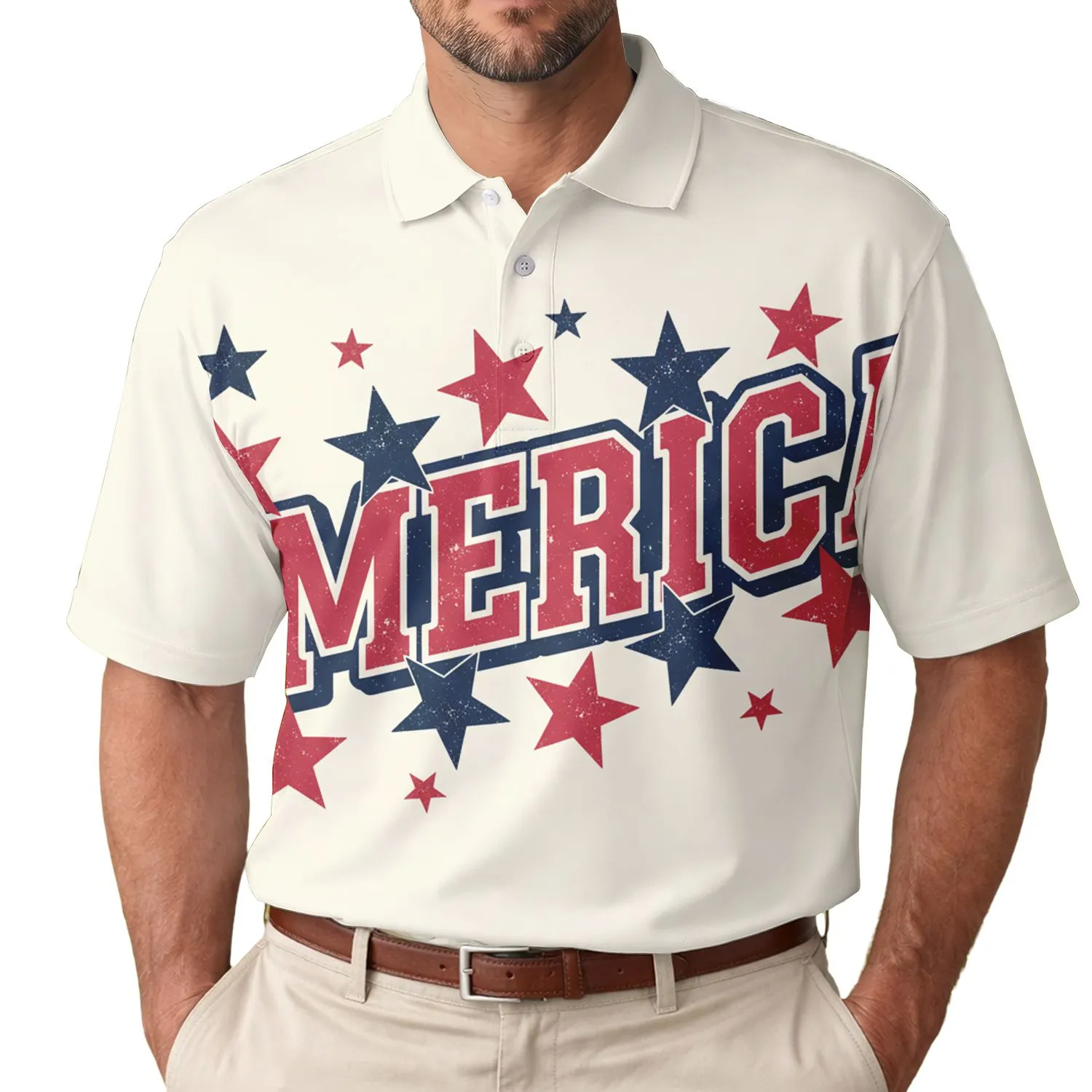 USA 250th Anniversary Patriotic AMERICA Block Text Distressed Stars Design Men's Polo Shirt (Lightweight) - 1