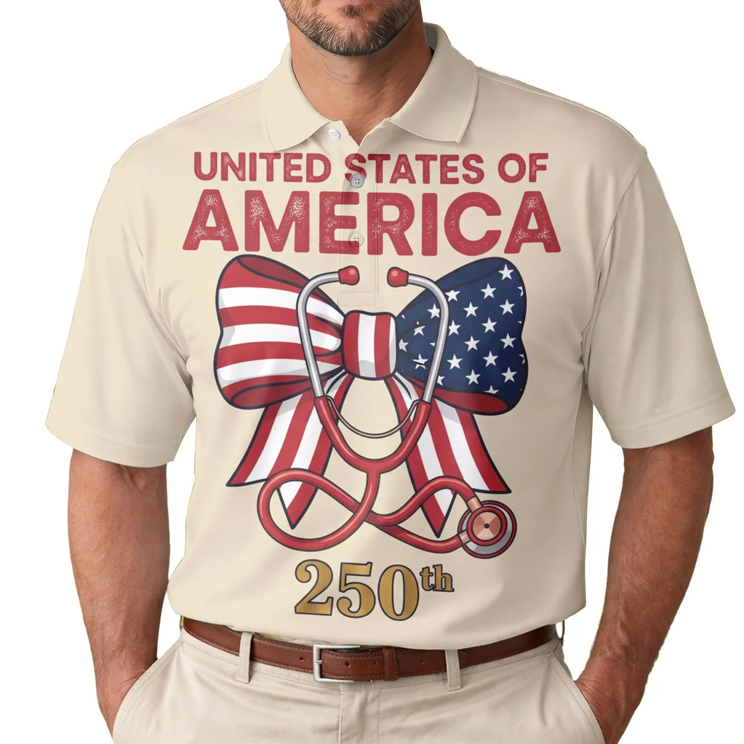 America 250th Anniversary Patriotic Flag Bow Stethoscope Crimson Navy Gold Men's Polo Shirt (Lightweight) - 1