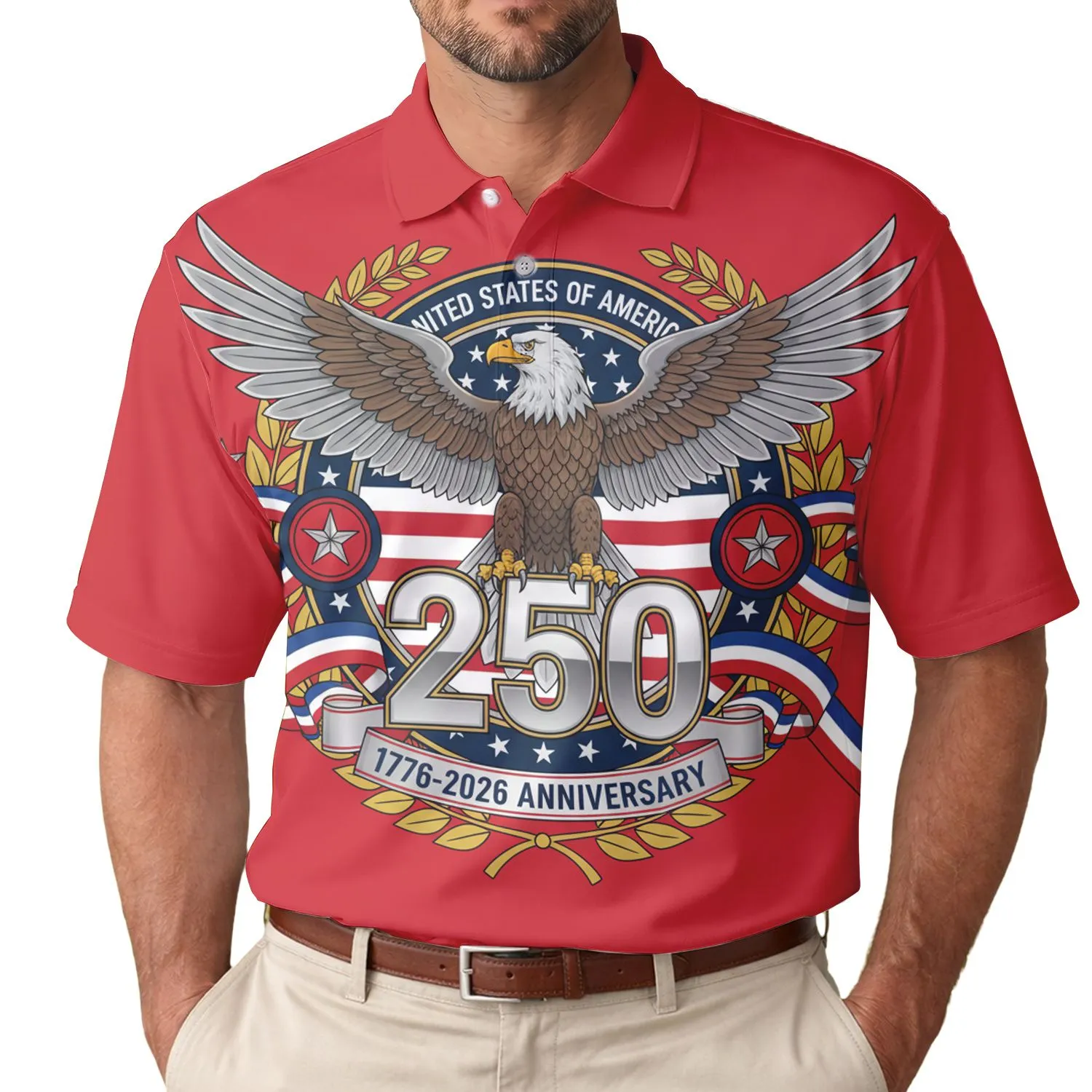 America's 250th Anniversary Bald Eagle 250 Emblem Metallic Red White Blue Stars 1776-2026 Men's Polo Shirt (Lightweight) - 1