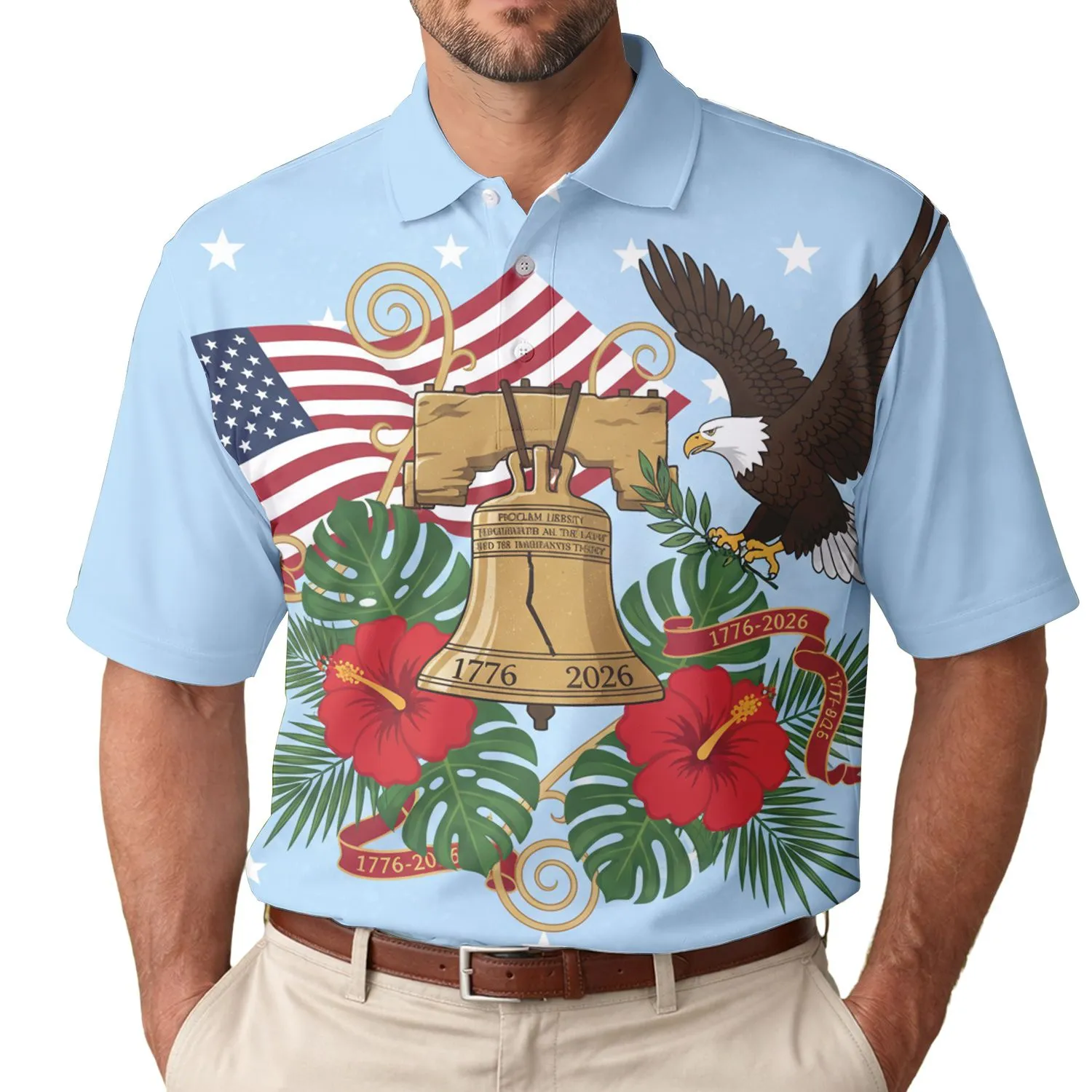 USA 250th Anniversary Liberty Bell Flag Eagle Tropical Hibiscus '1776-2026' Scrollwork Men's Polo Shirt (Lightweight) - 1