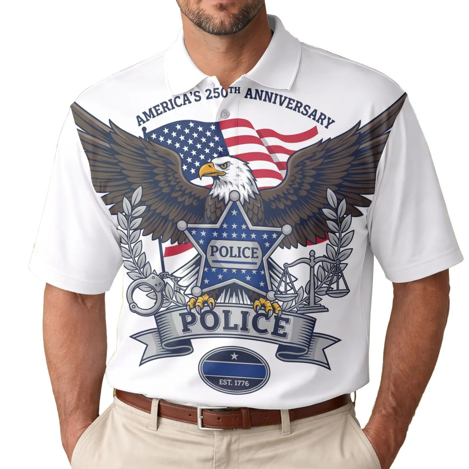 Law Enforcement Eagle Badge American Flag Thin Blue Line 250th Anniversary 1776 Men's Polo Shirt (Lightweight) - 1