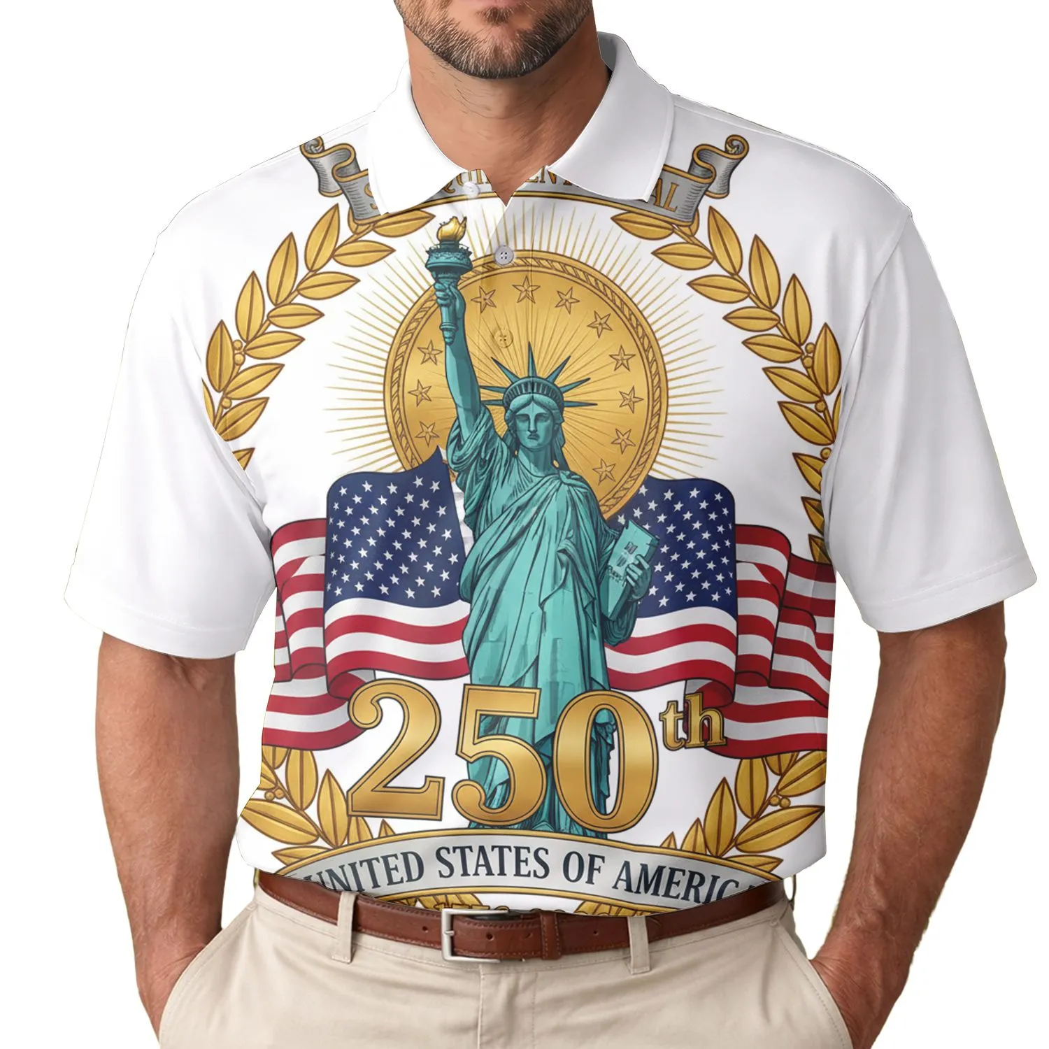 USA 250th Birthday Semiquincentennial Emblem: Teal Liberty, Gold Laurel, Waving Flags, 1776-2026 Men's Polo Shirt (Lightweight) - 1