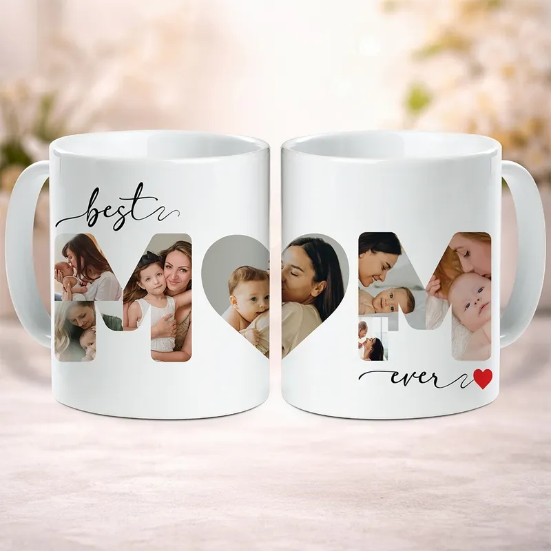 Personalized Best Mom Ever Photo Mug, Custom MOM Photo Collage Coffee Cup,  Mother's Day Gift with Pictures, Heart Shape Mommy Mug - 1