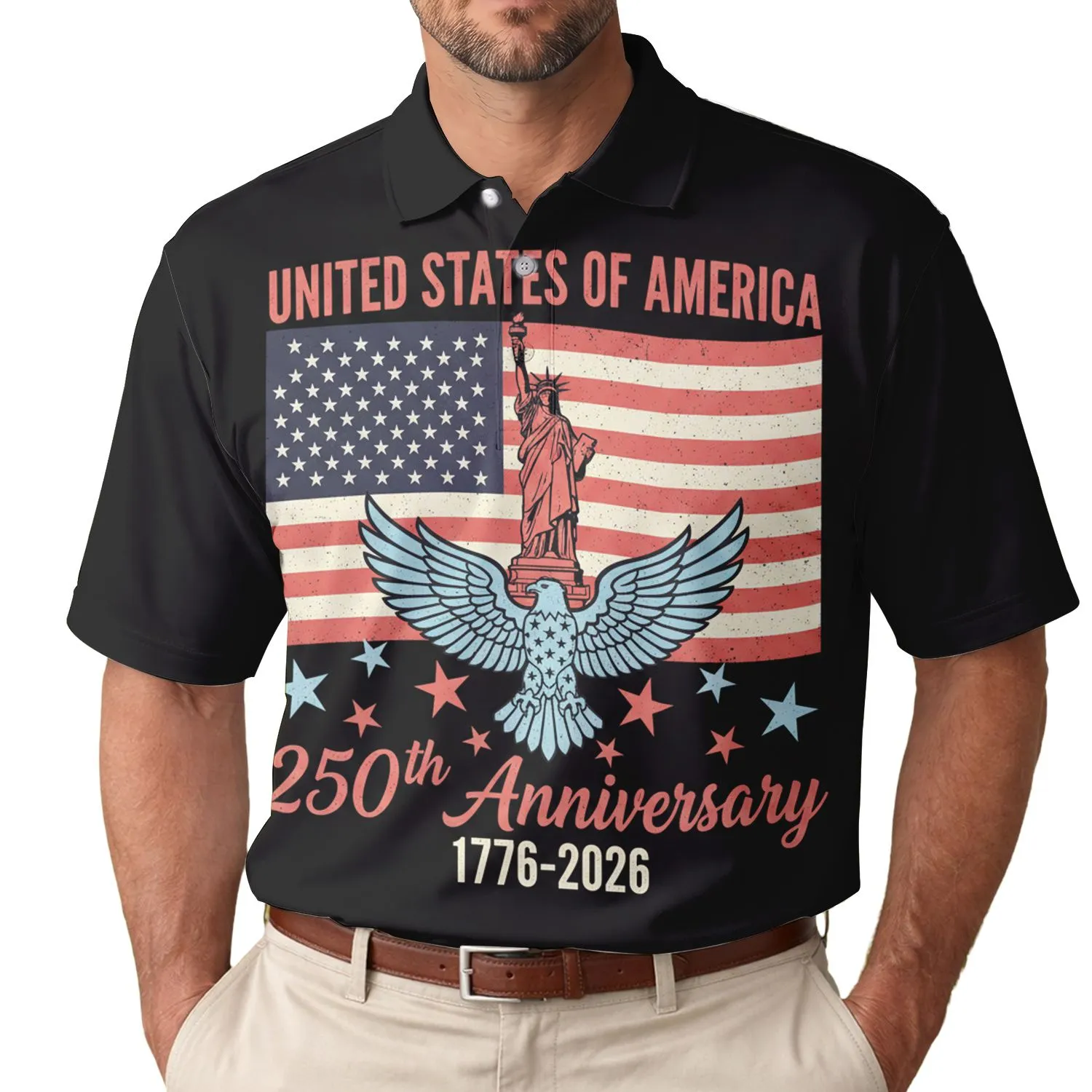 America 250th Anniversary Flag Statue Liberty Eagle 1776-2026 Salmon Pink Sky Blue Men's Polo Shirt (Lightweight) - 1