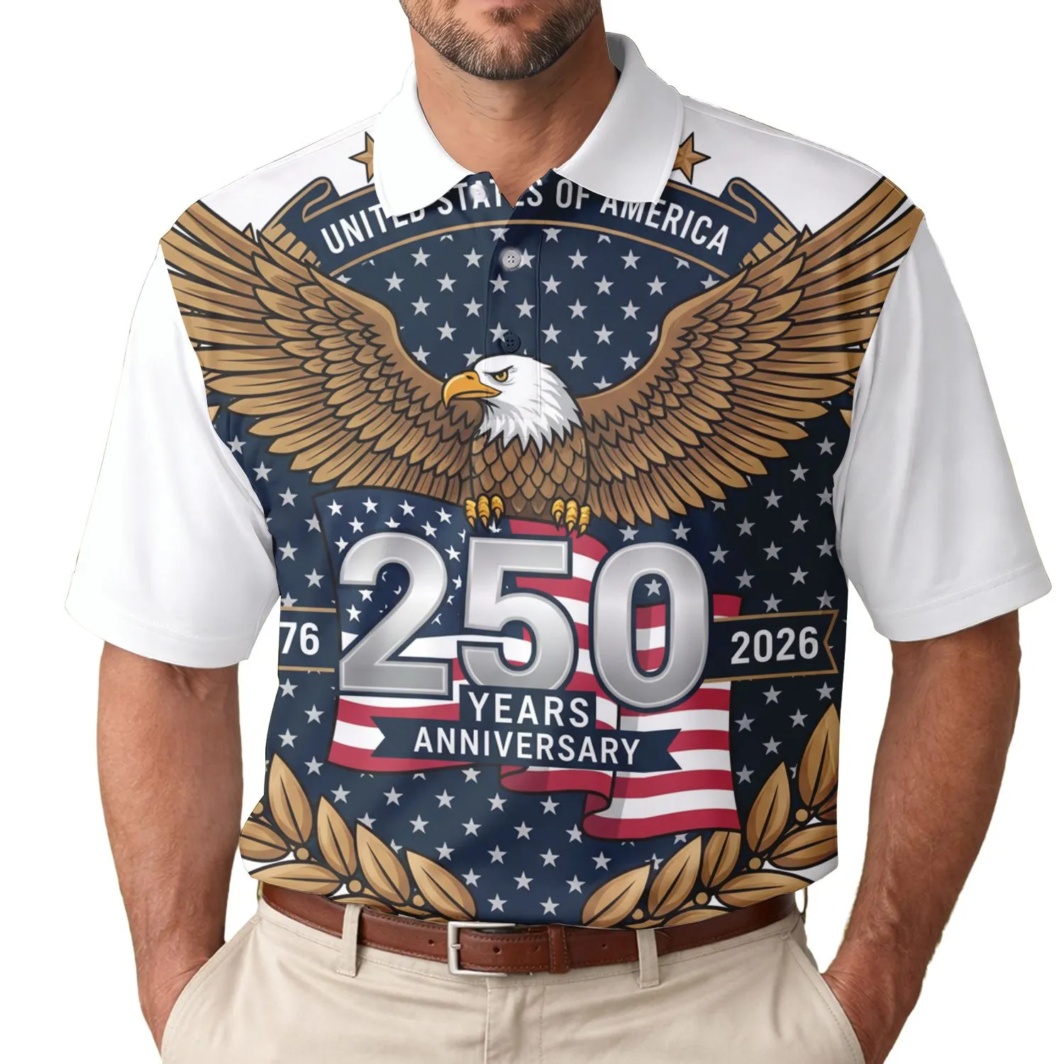 America 250th Anniversary Eagle Flag 1776-2026 Golden Wings Laurel Wreath Men's Polo Shirt (Lightweight) - 1