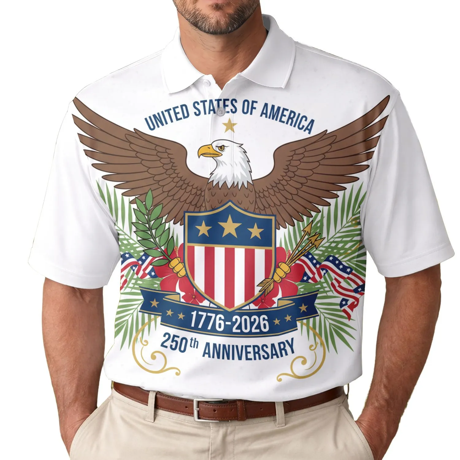 USA 250th Birthday Eagle Shield, Olive Branch Arrows, Tropical Palm Hibiscus 1776-2026 Men's Polo Shirt (Lightweight) - 1
