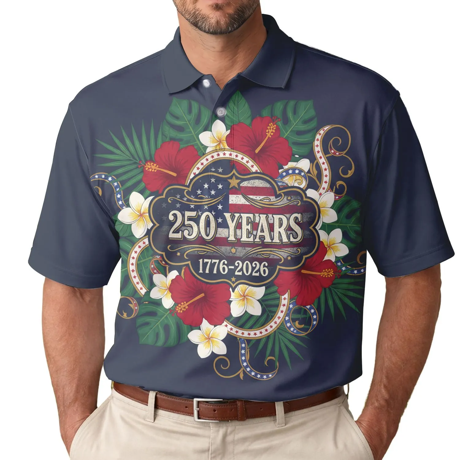 USA 250th Anniversary Polo Flag '1776-2026' Hibiscus Plumeria Tribute Men's Polo Shirt (Lightweight) - 1