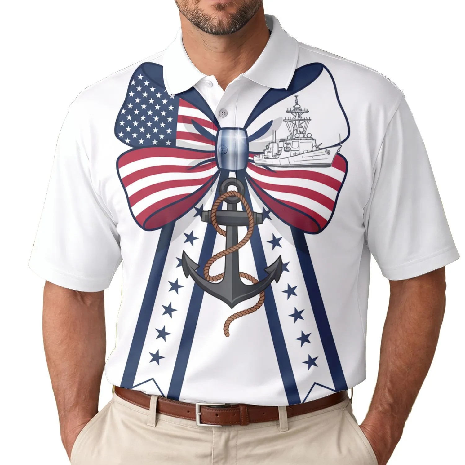 USA 250th Birthday Est. 1776 Polo Flag Bow Naval Anchor Design Men's Polo Shirt (Lightweight) - 1