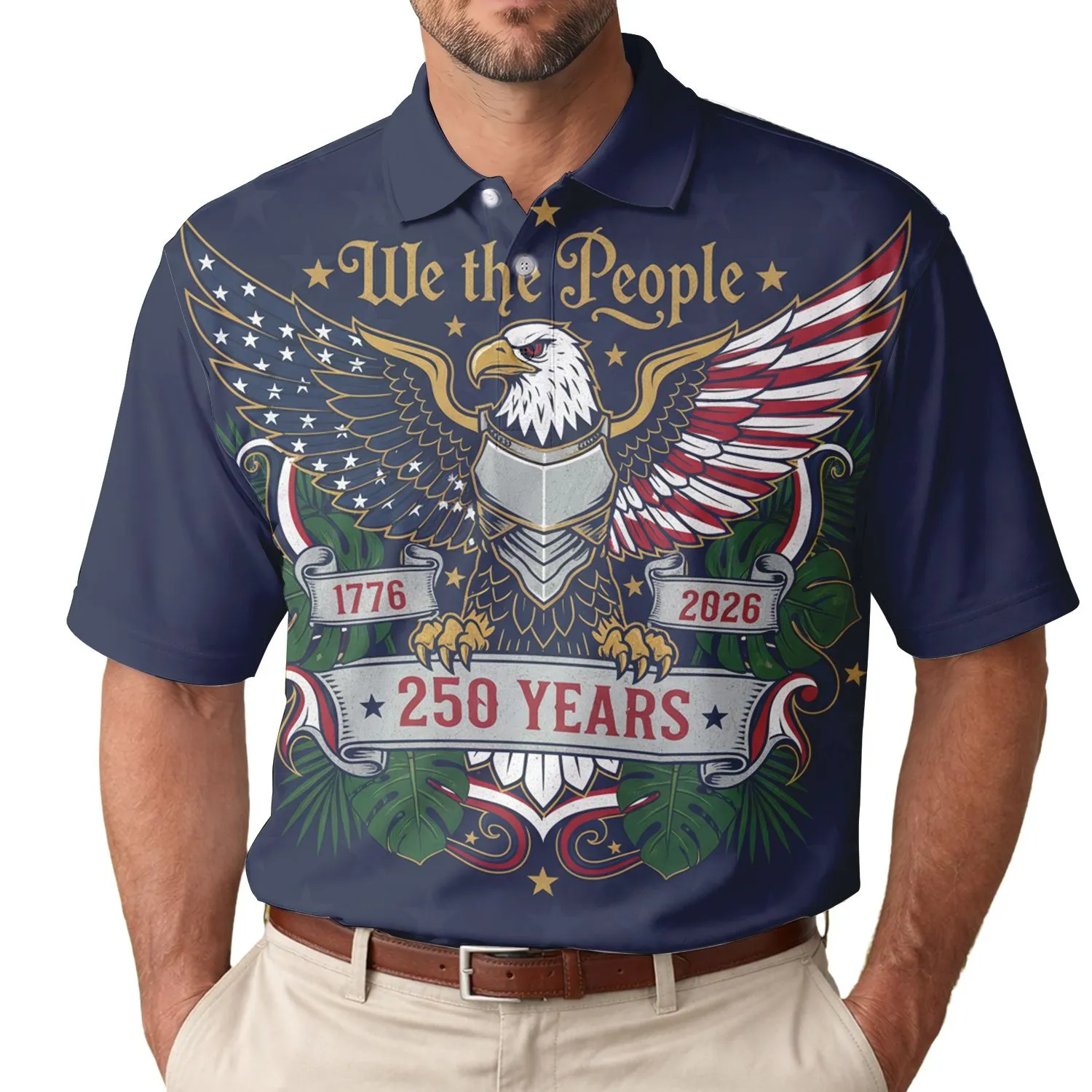 USA 250th Birthday We the People Eagle Flag 1776-2026 Patriotic Tropical Scrollwork Men's Polo Shirt (Lightweight) - 1