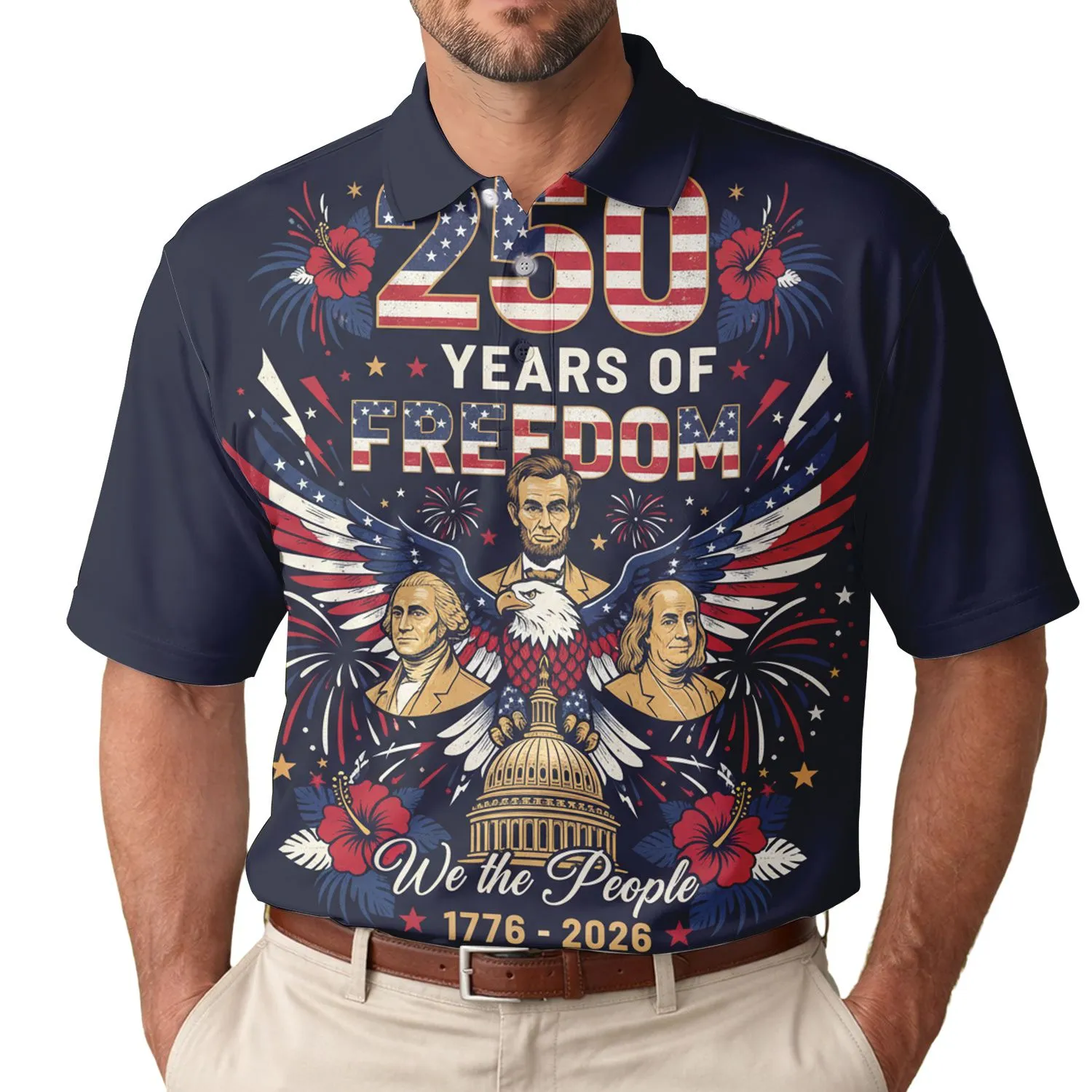 America 250th Anniversary: Washington Lincoln Franklin Eagle Freedom Fireworks Stars Men's Polo Shirt (Lightweight) - 1