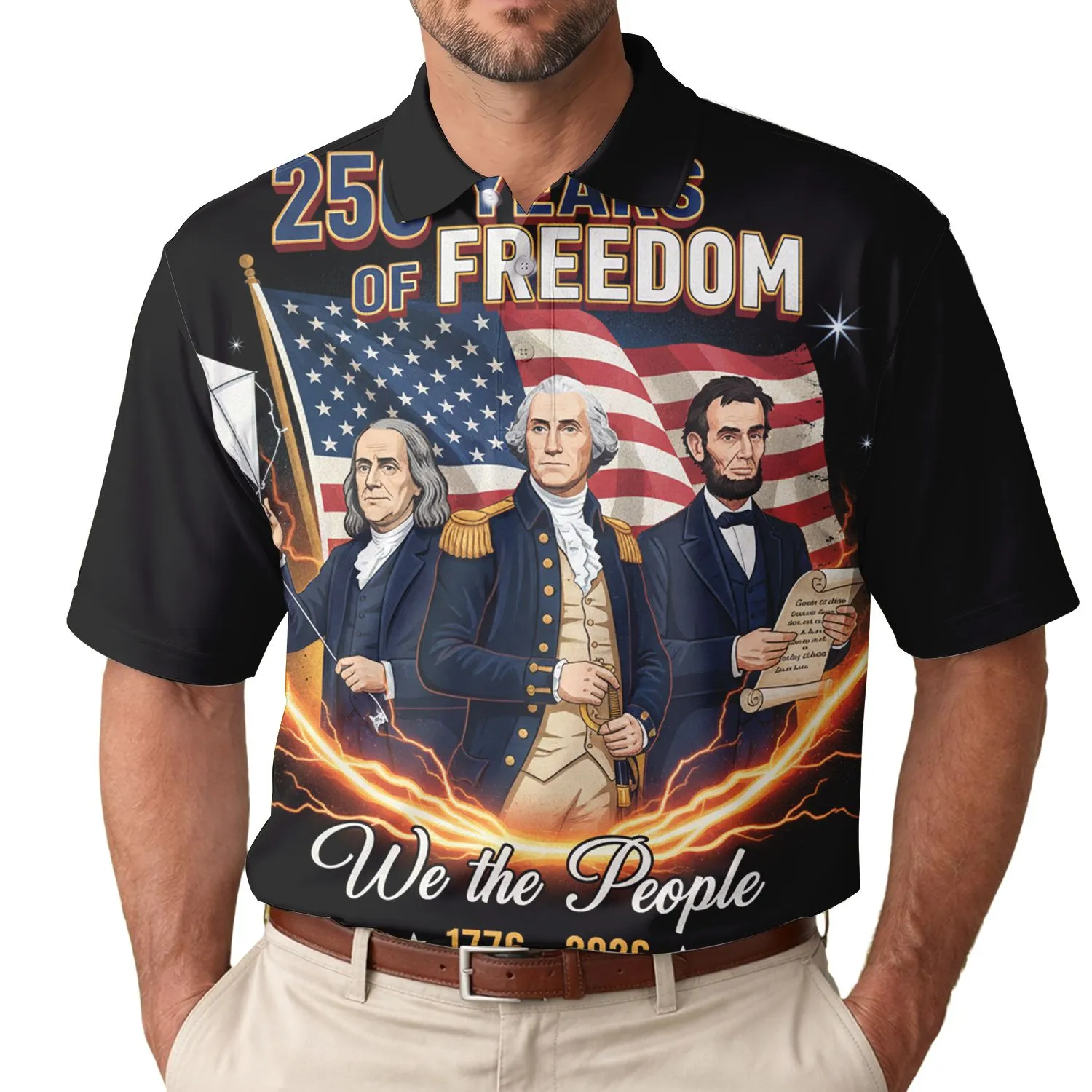 America 250th Anniversary Franklin Washington Lincoln Flag 1776 We the People Tropical Men's Polo Shirt (Lightweight) - 1