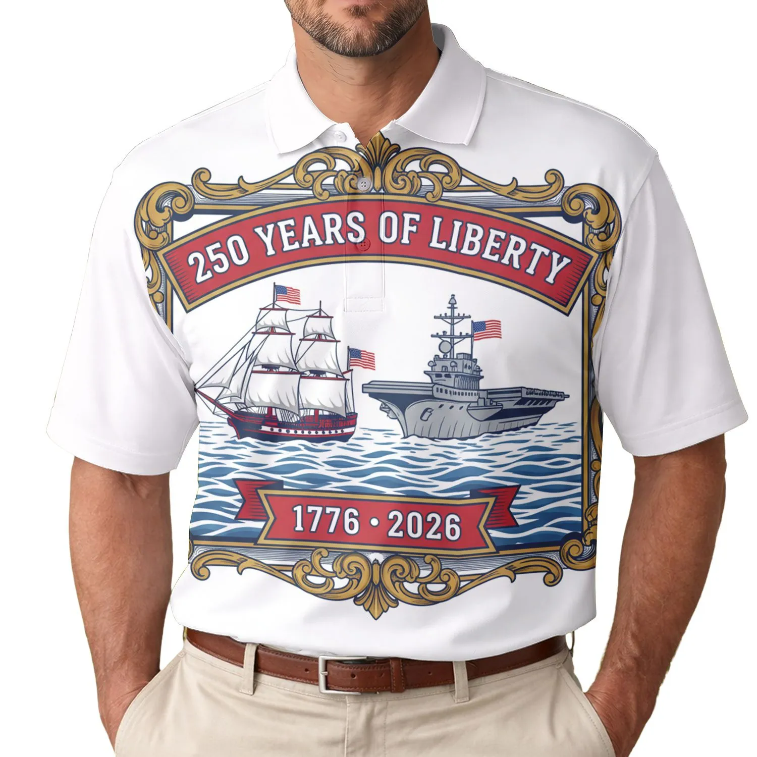 America 250th Liberty Celebration: Historic Ship & Navy Carrier - Patriotic Vintage Frame Men's Polo Shirt (Lightweight) - 1