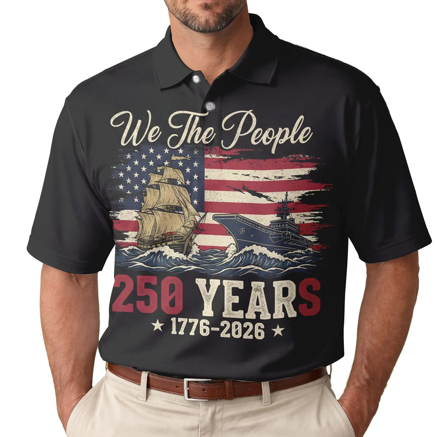 We The People 250th Anniversary Distressed Flag Ship Carrier 1776 Rugged Americana Men's Polo Shirt (Lightweight) - 1