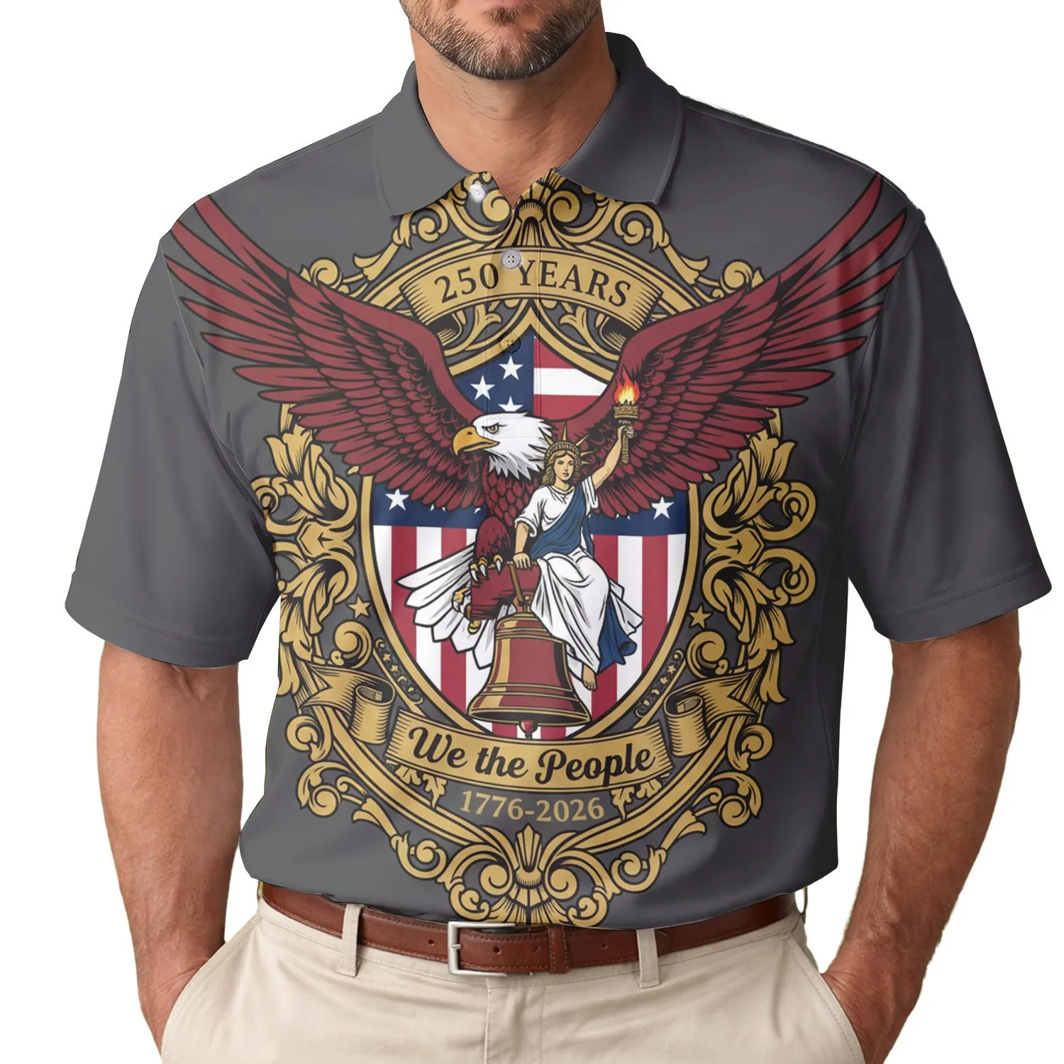 USA 250th Birthday Patriotic Eagle Lady Liberty Flag Shield 1776-2026 Men's Polo Shirt (Lightweight) - 1