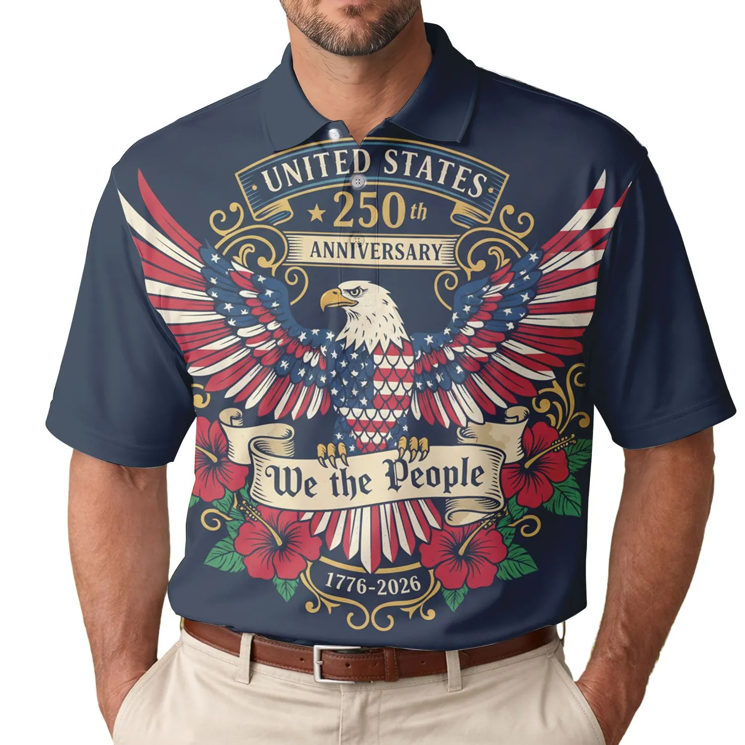America 250th Anniversary Eagle Flag Stars Stripes We the People Tropical 1776-2026 Men's Polo Shirt (Lightweight) - 1