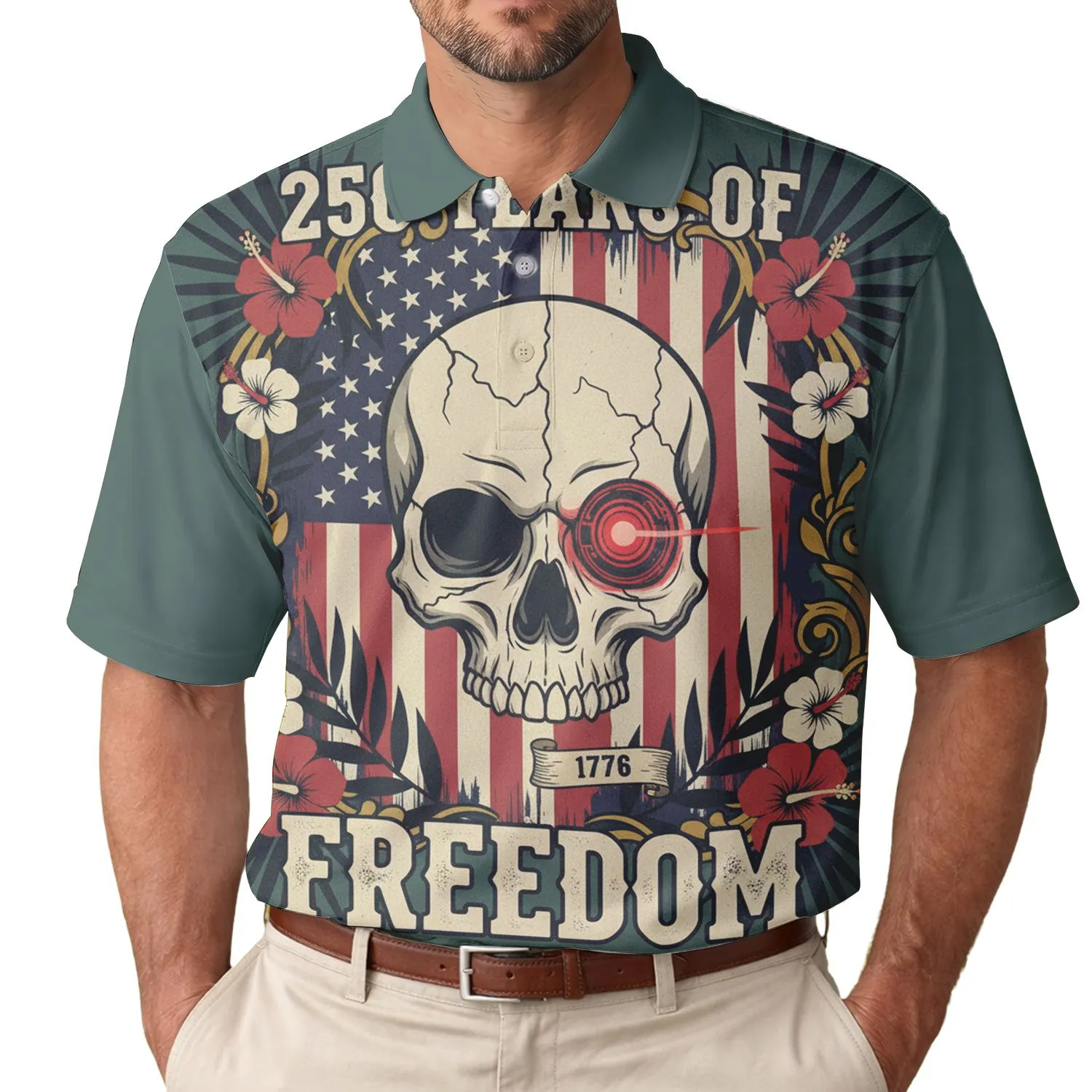 USA 250th Anniversary Skull Flag, Cyber Eye, 1776 Freedom Tropical Foliage Men's Polo Shirt (Lightweight) - 1
