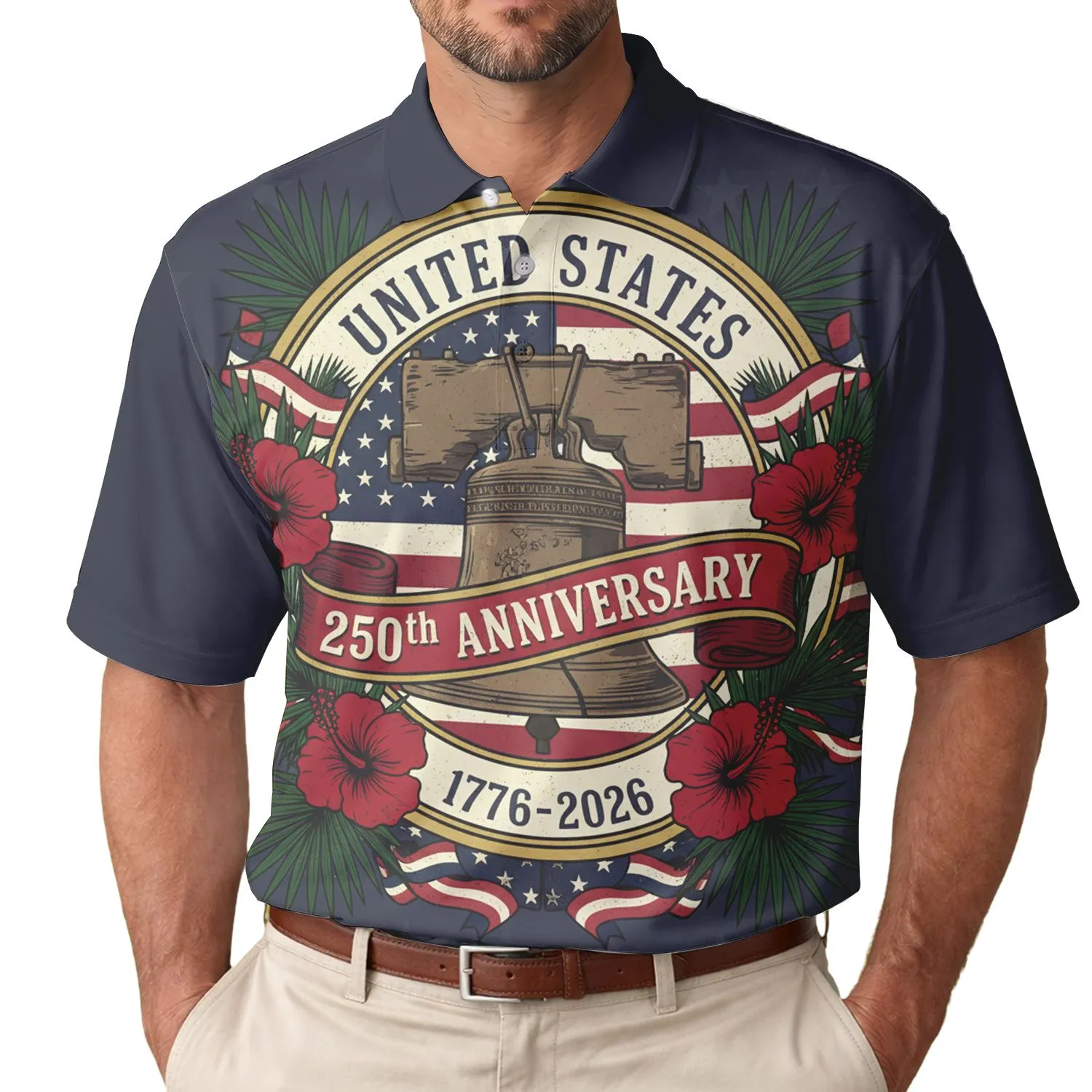 America 250th Anniversary Liberty Bell Distressed Flag Palm Hibiscus Emblem 1776-2026 Men's Polo Shirt (Lightweight) - 1