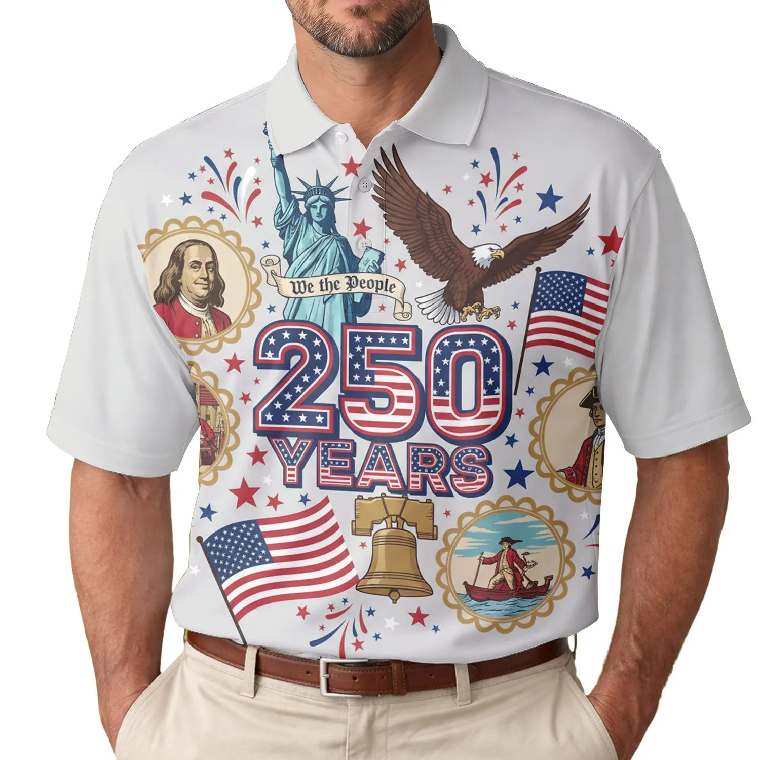America 250th Anniversary Patriotic Polo Statue of Liberty Eagle Liberty Bell Men's Polo Shirt (Lightweight) - 1