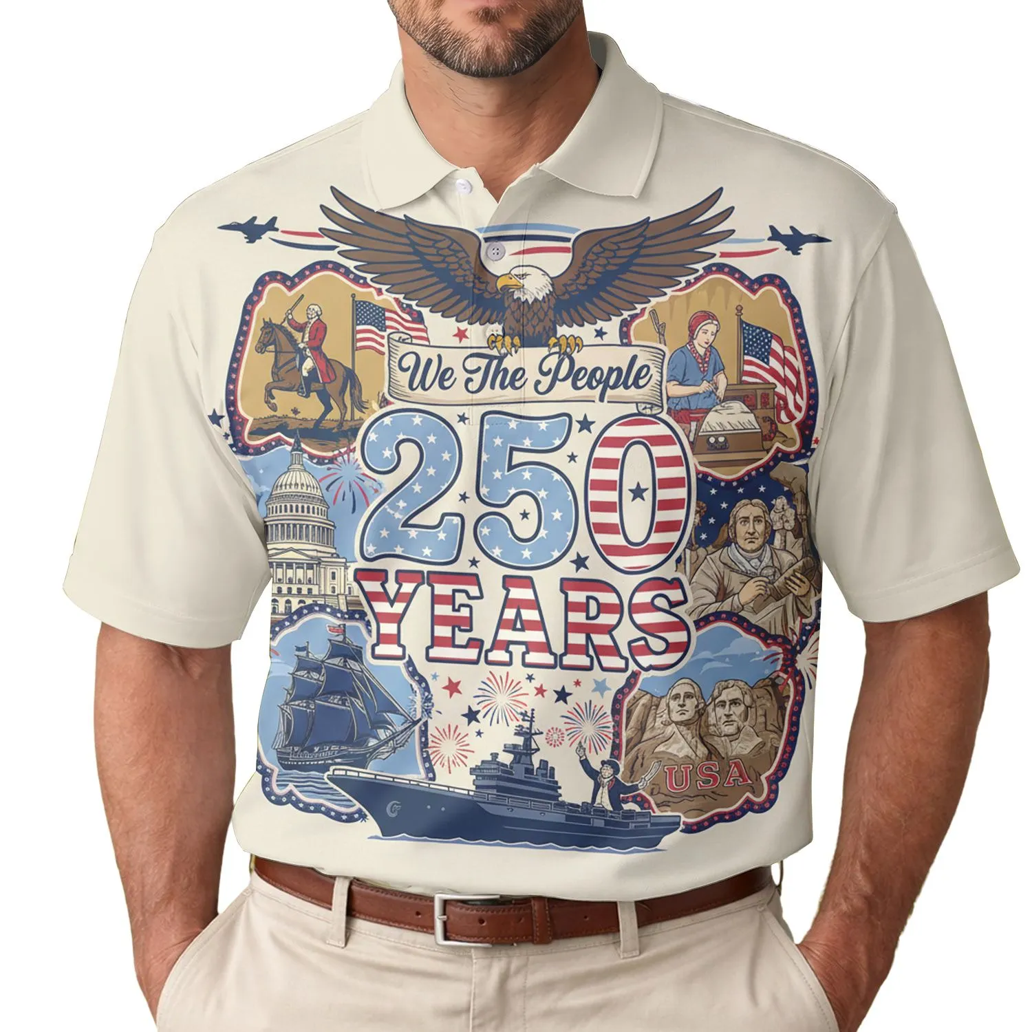 America's 250th Anniversary Patriotic Polo George Washington Eagle Collage Men's Polo Shirt (Lightweight) - 1