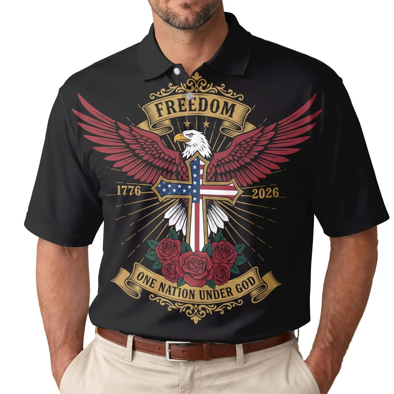 Patriot USA 250th Eagle Flag Cross Freedom 1776 2026 One Nation Under God Black Men's Polo Shirt (Lightweight) - 1