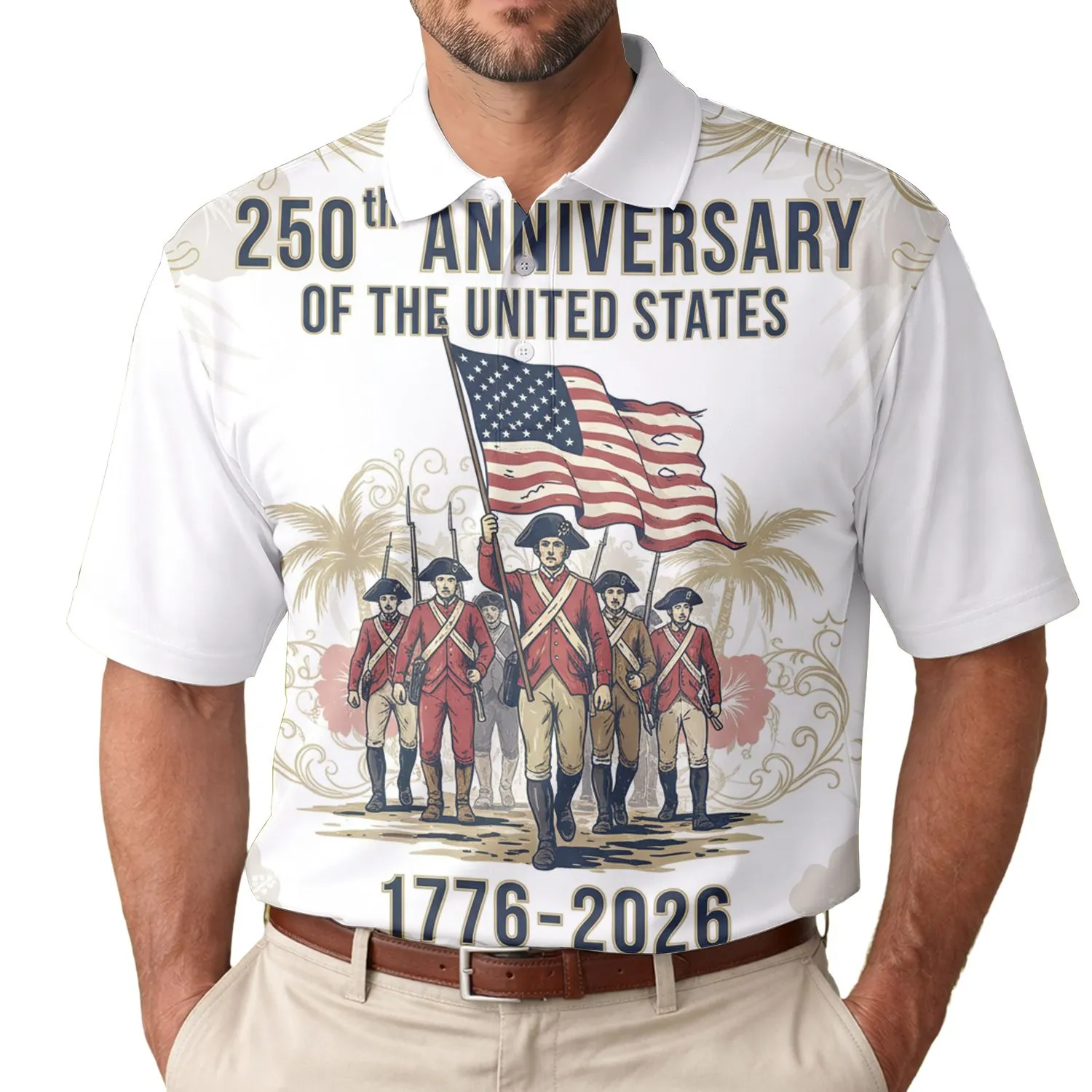 America 250th Anniversary Revolutionary Soldiers Flag 1776-2026 Tropical Patriotic Men's Polo Shirt (Lightweight) - 1