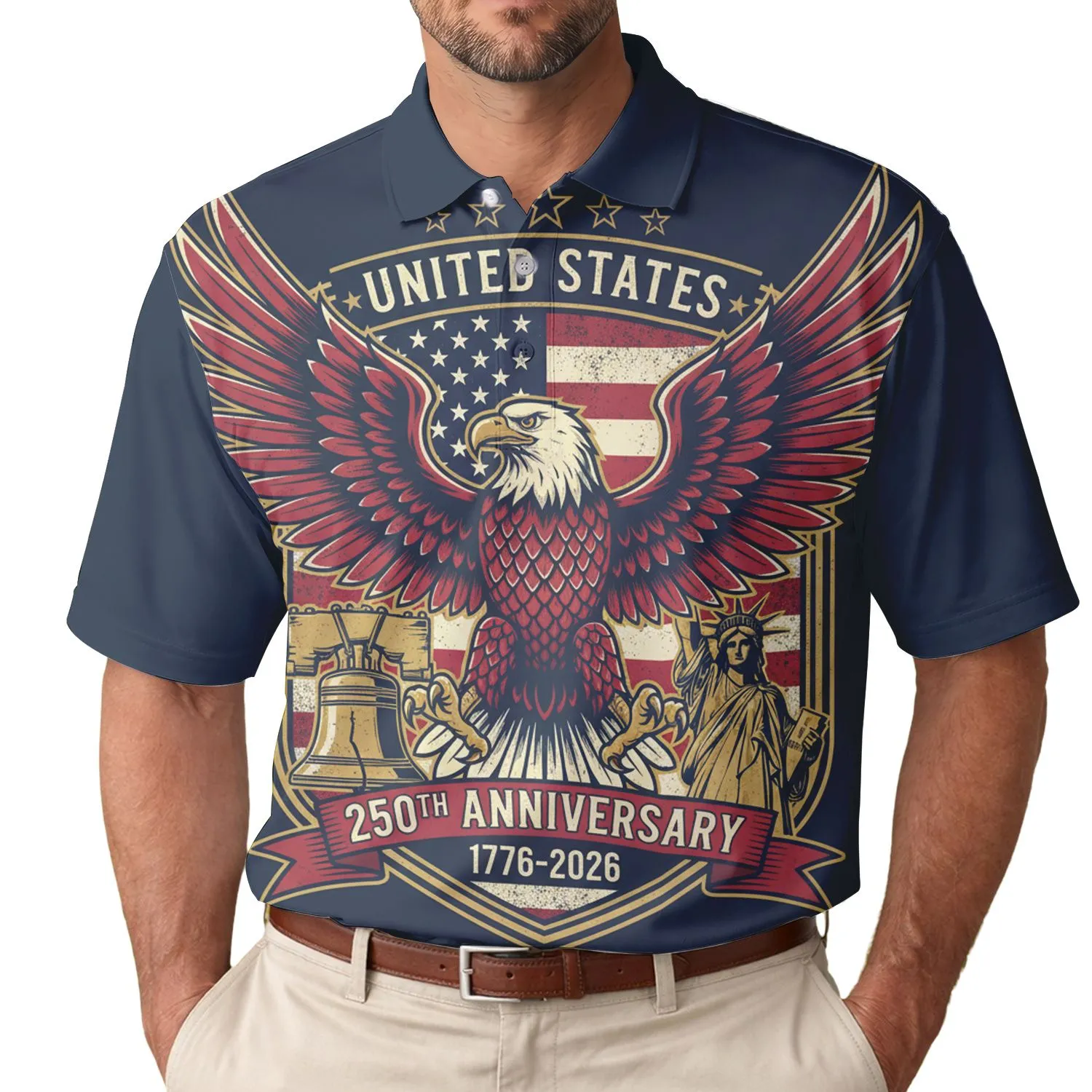America 250th Birthday Eagle Flag Liberty Bell Statue Vintage Gold Emblem 1776 Men's Polo Shirt (Lightweight) - 1
